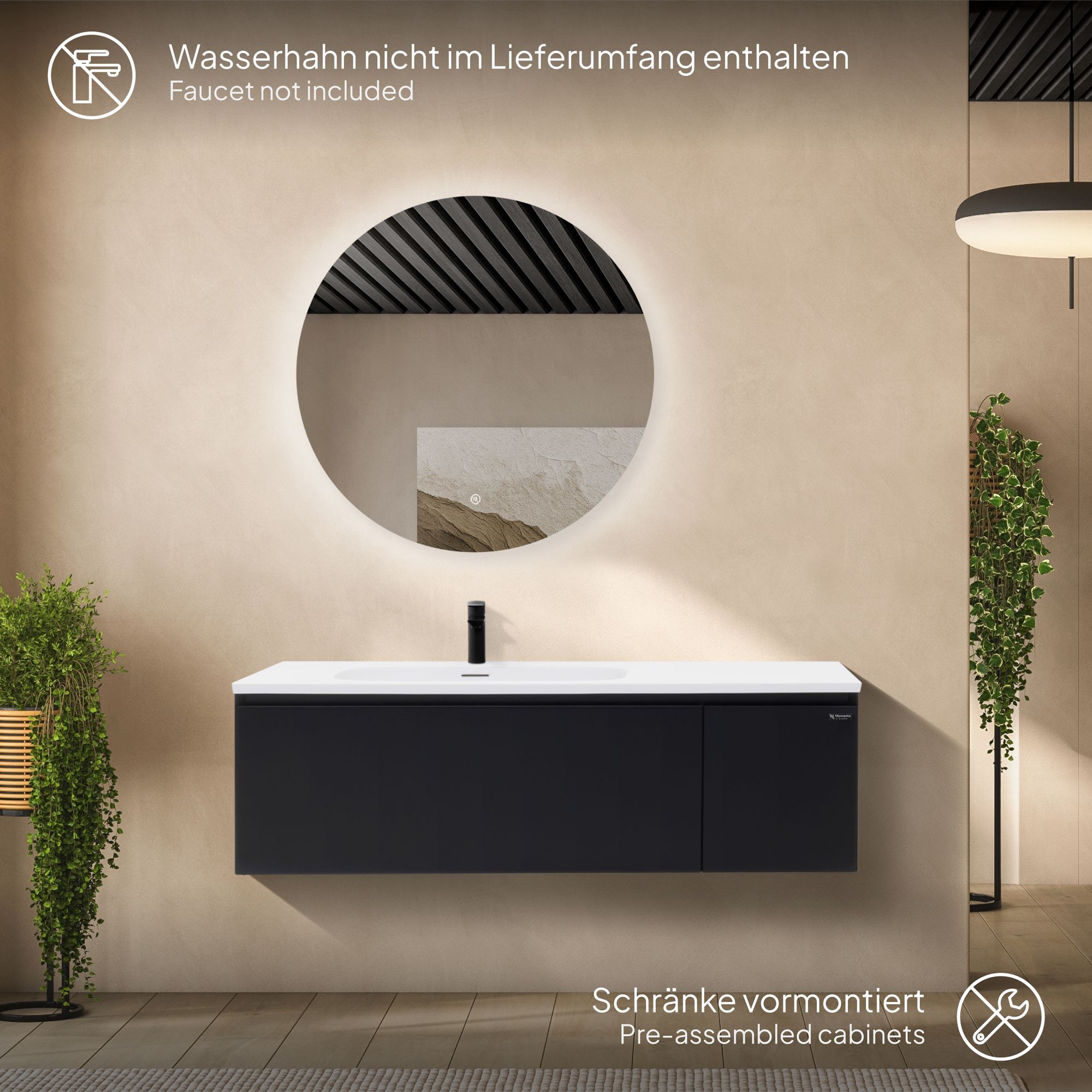 adezimmermöbel Dafne – 120 cm Schwarz Matt, Softclose & runder LED-Spiegel adezimmermöbel Dafne – 120 cm Schwarz Matt, Softclose & runder LED-Spiegel