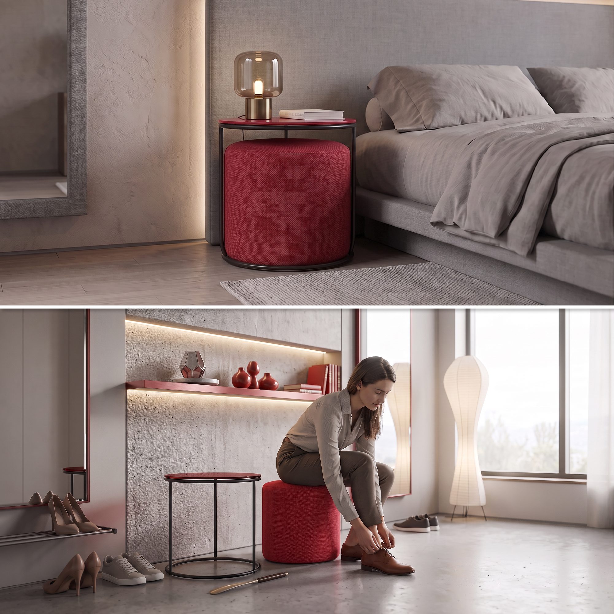 Side Table with Stool JASPER - Round Coffee Table 40x40 cm Black-Red N6