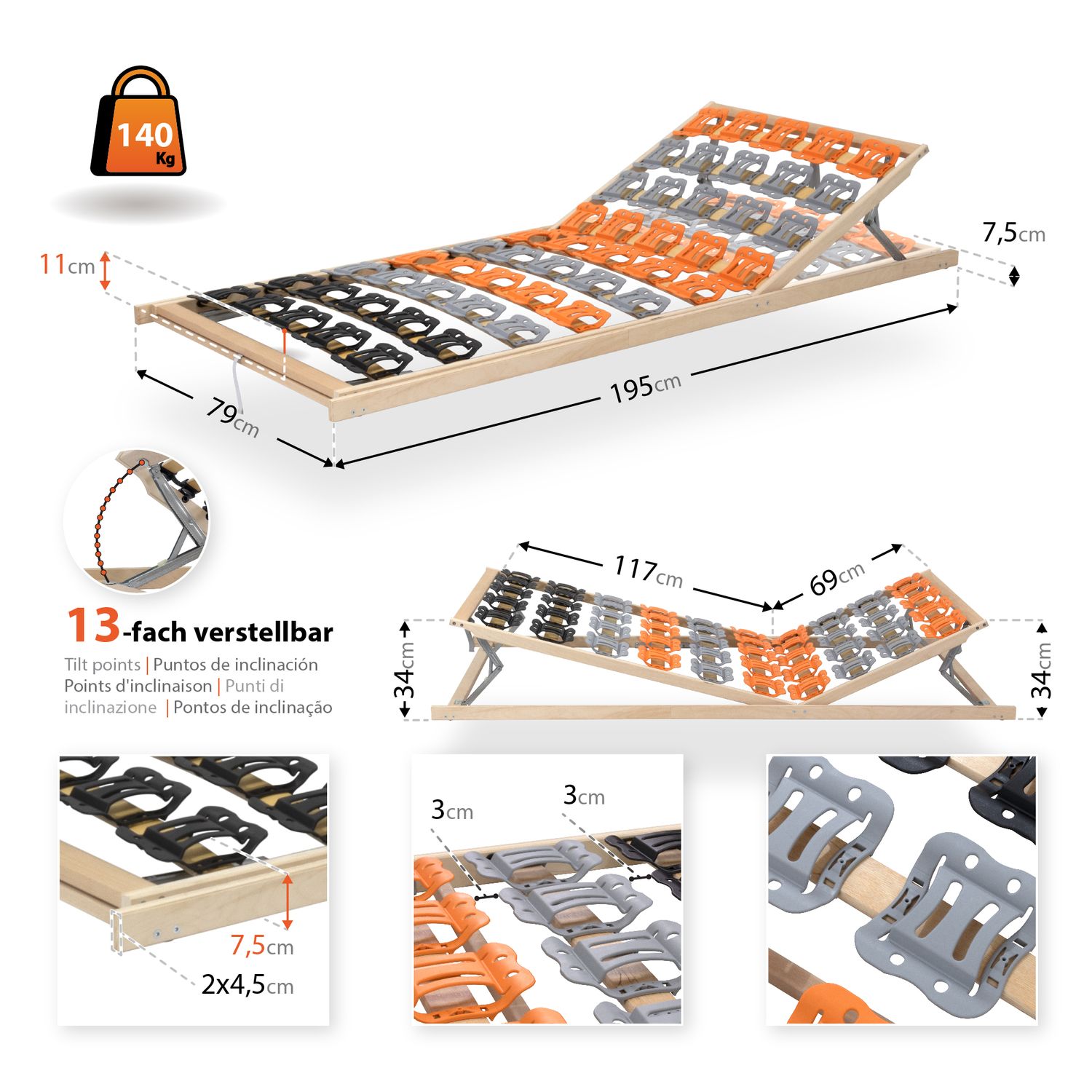 7-Zonen Tellerlattenrost TFlex50KF mit Kopf- und Fußverstellung 80x200 cm