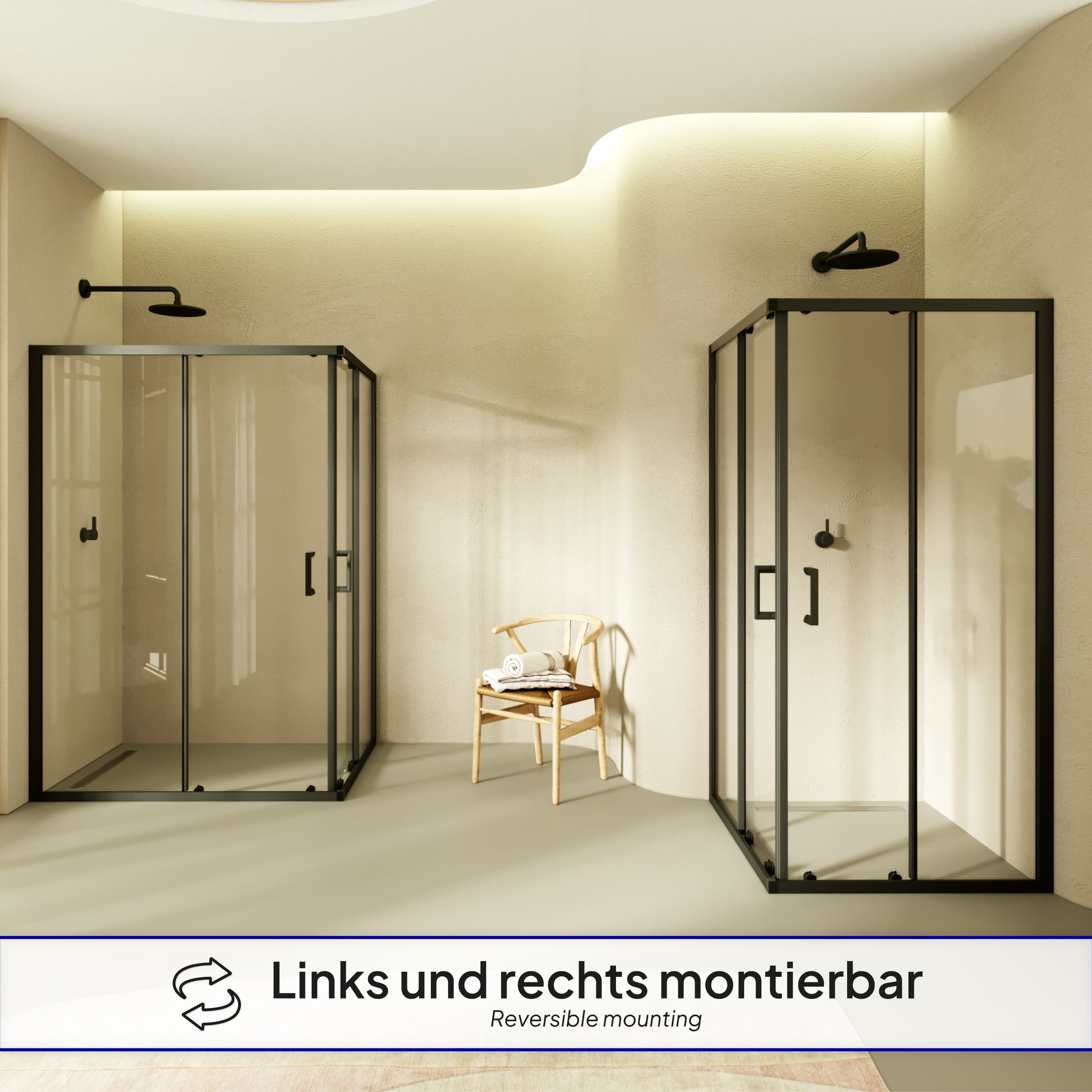 Corner entry Danielle with sliding doors and black profiles made of ESG safety glass.