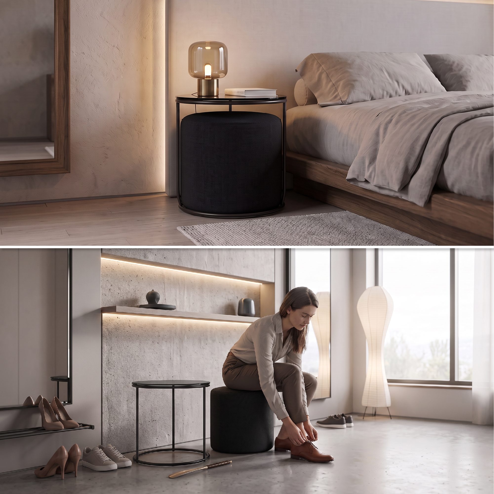 Side Table with Stool JASPER Round Coffee Table 40x40 cm Black-Black N2