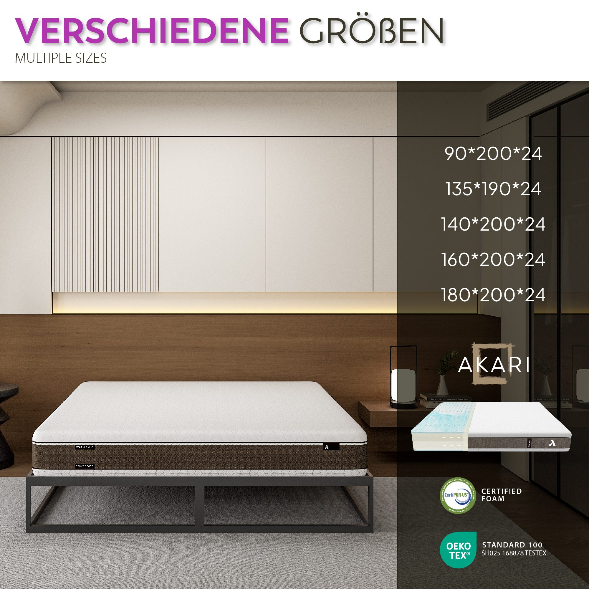 Matratze Akari – Duo-Thermo Viskoelastische Matratze mit 7 ergonomischen Zonen