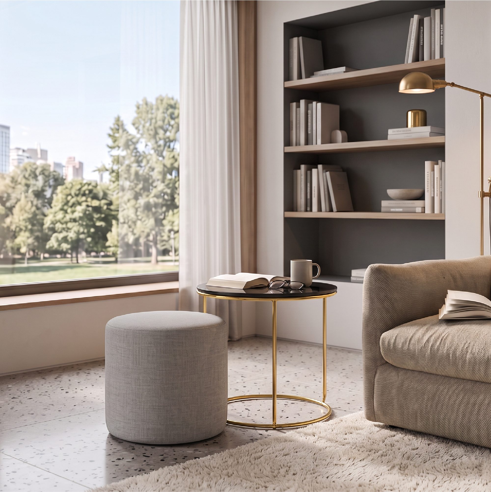 Side Table with Stool JASPER Round Coffee Table 40x40 cm Gold-Grey N8