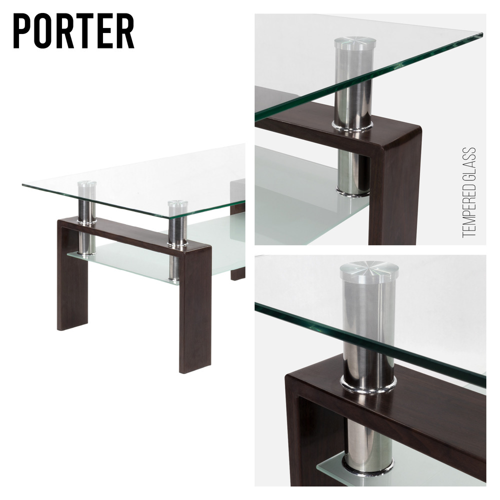 Couchtisch PORTER aus Glas/Metall mit Holz in Walnussfarbe