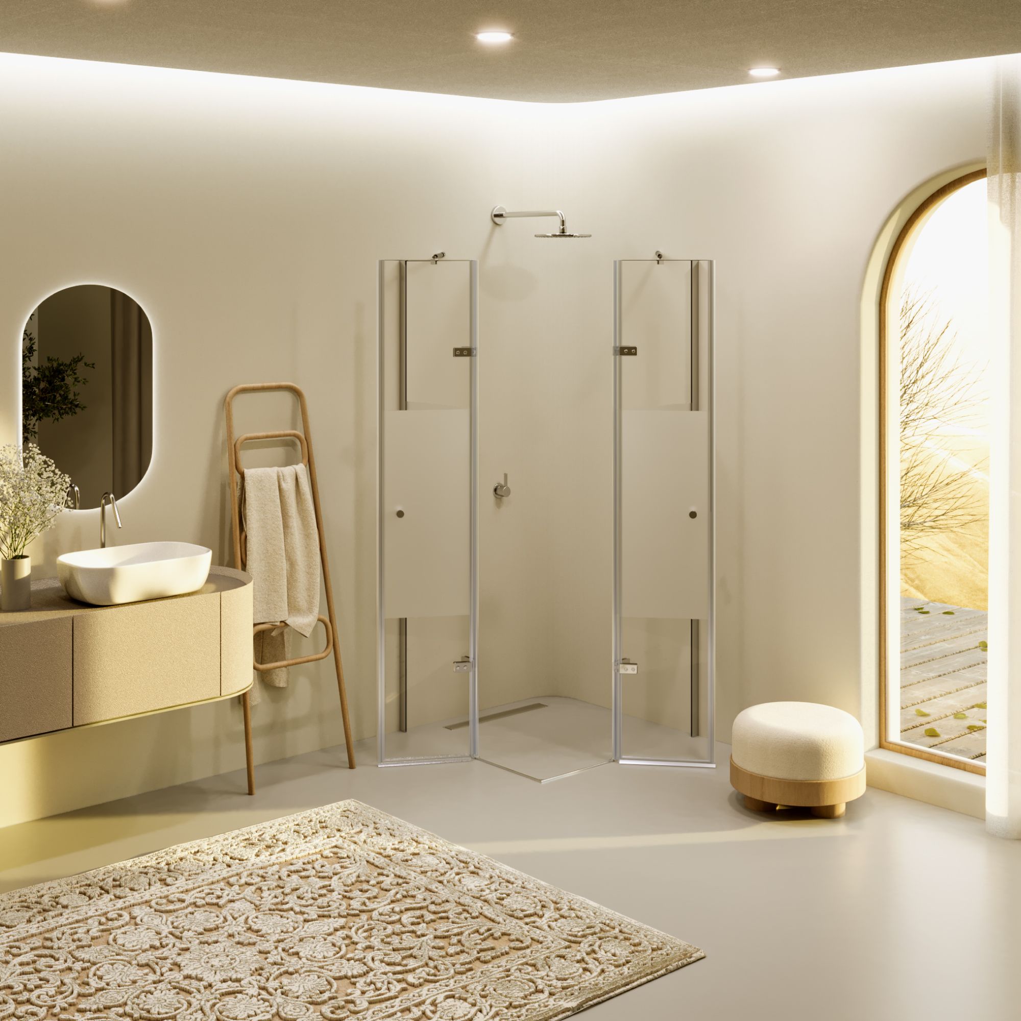 Corner Entry Alice with Folding Doors made of Partially Frosted ESG Safety Glass Corner Entry Alice with Folding Doors made of Partially Frosted ESG Safety Glass