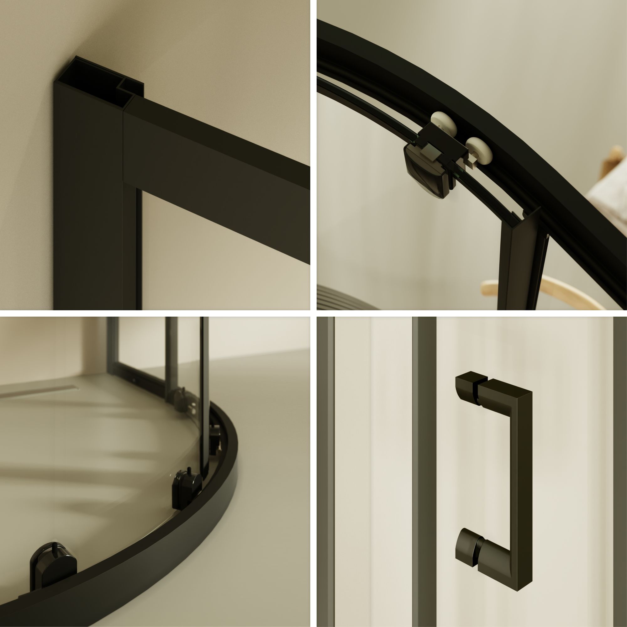 Viertelkreisdusche Ella mit Schiebetüren aus gestreiftem ESG Glas mit schwarzen Aluminium Profile Viertelkreisdusche Ella mit Schiebetüren aus gestreiftem ESG Glas mit schwarzen Aluminium Profile