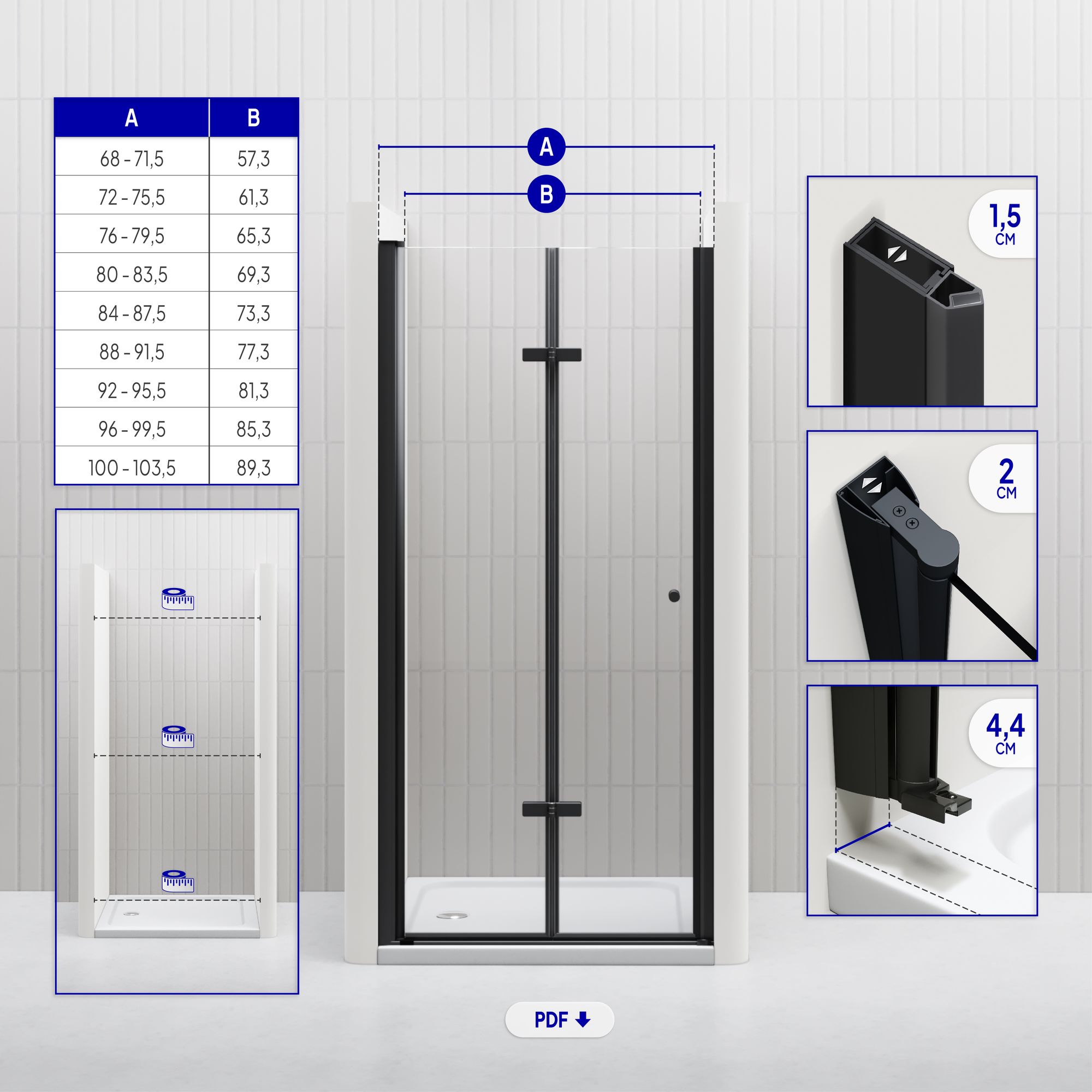 Duschtür Mila mit Falttür aus klarem ESG Sicherheitsglas BLACK EDITION