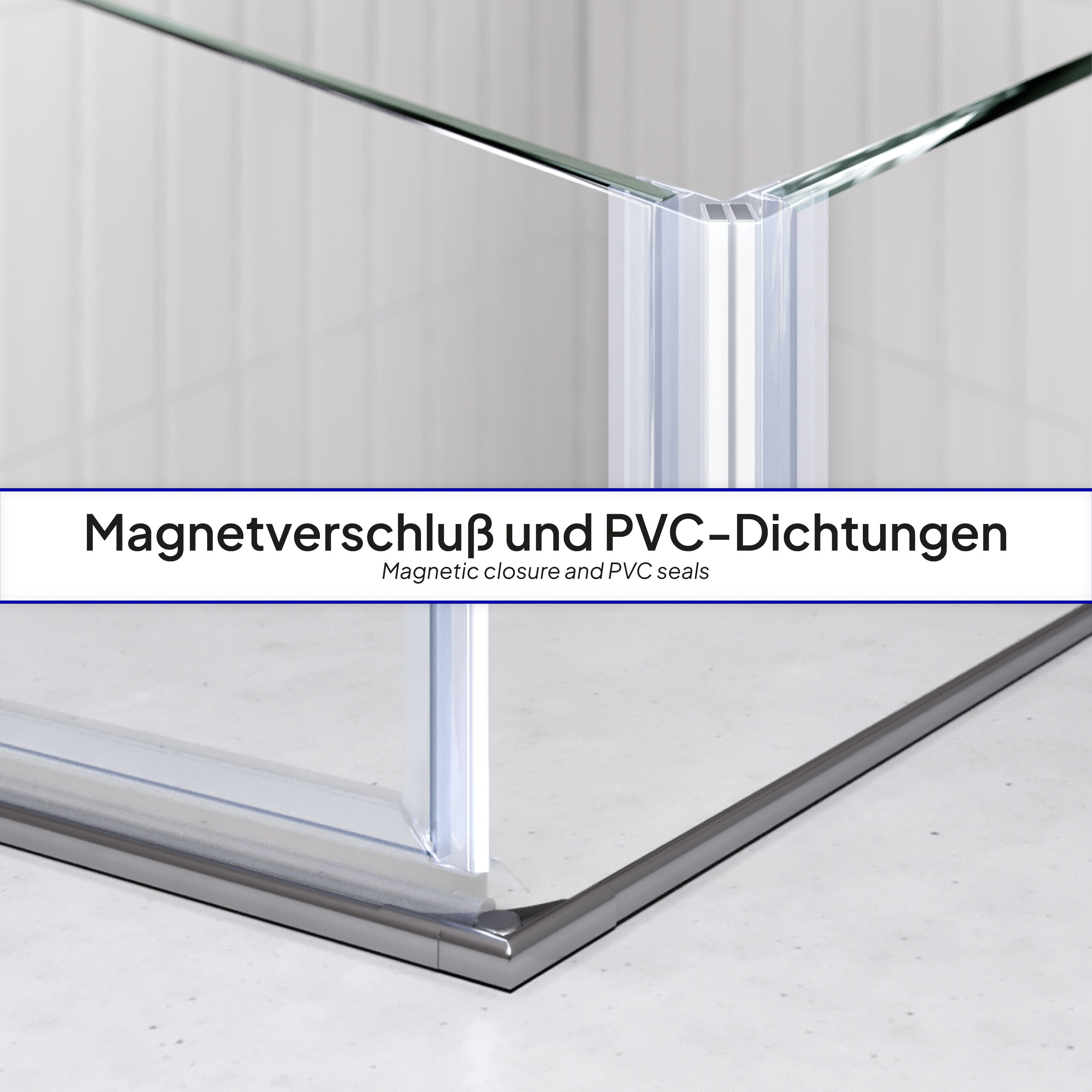 Corner Entry Gaia with Pivot Doors made of ESG Safety Glass Gaia – Eckeinstieg mit Pendeltüren aus ESG Sicherheitsglas