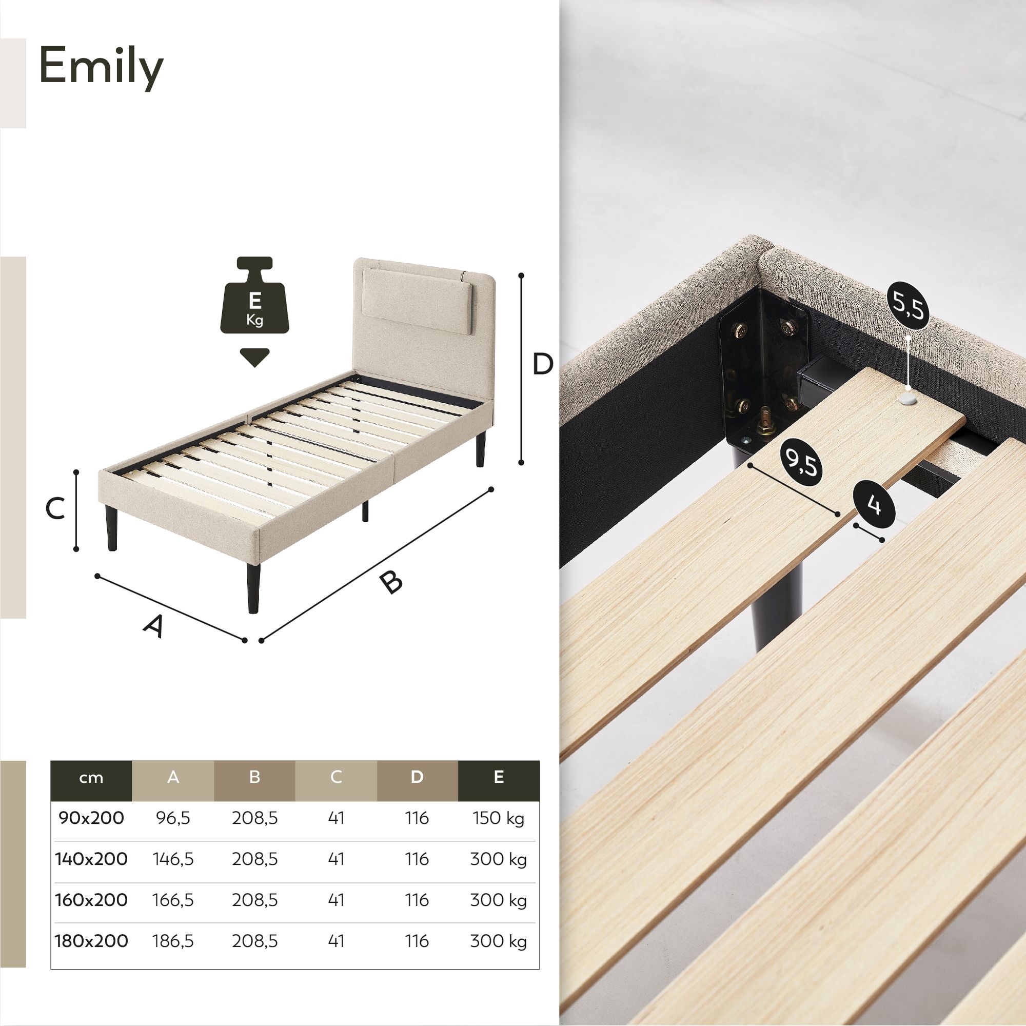 Design Polsterbettt Emily in Beige 90cm-200cm