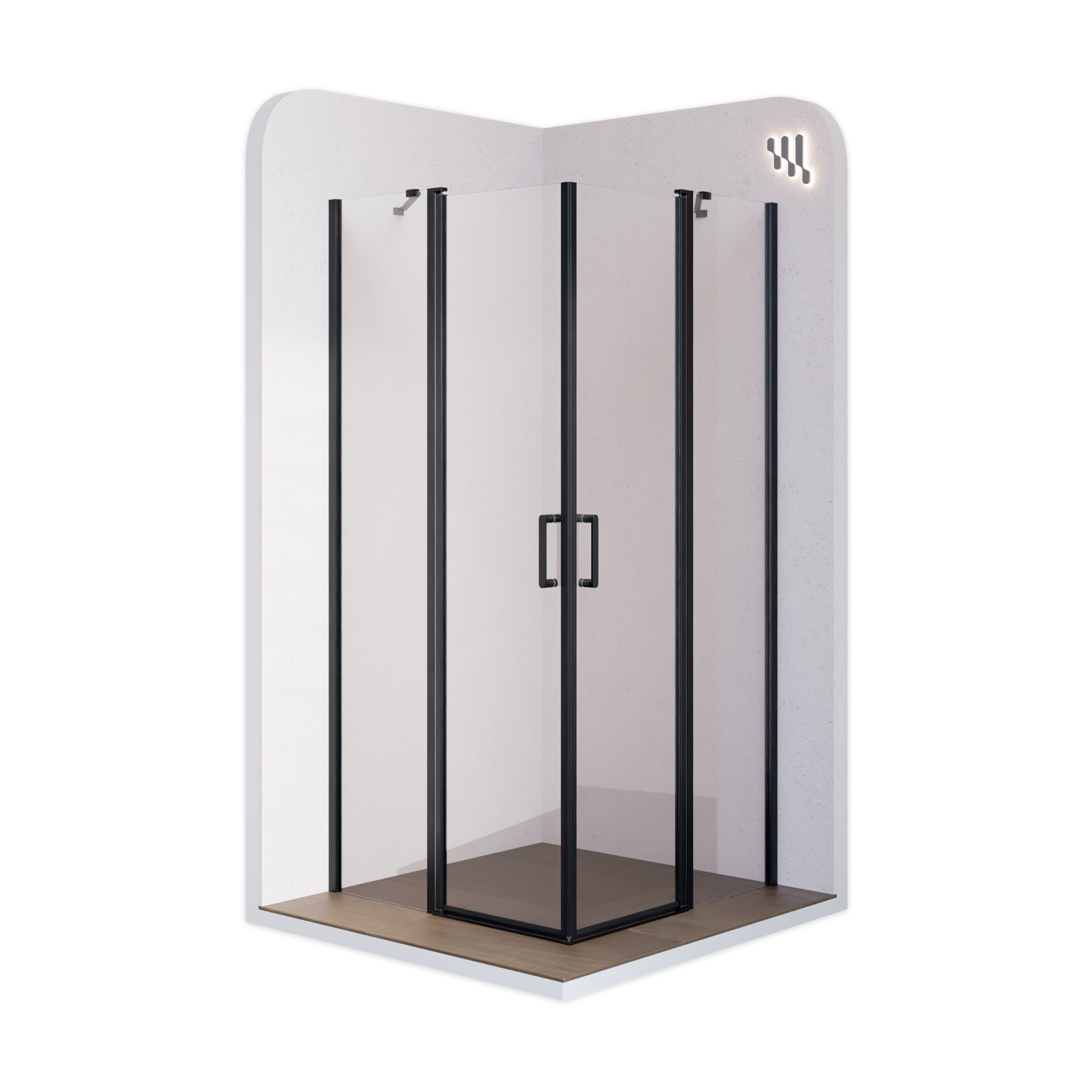 Corner Entry Linda with Folding Doors and Black Profiles Made of ESG Safety Glass Linda – Eckeinstieg mit Klapptüren und schwarzen Profilen aus ESG Sicherheitsglas