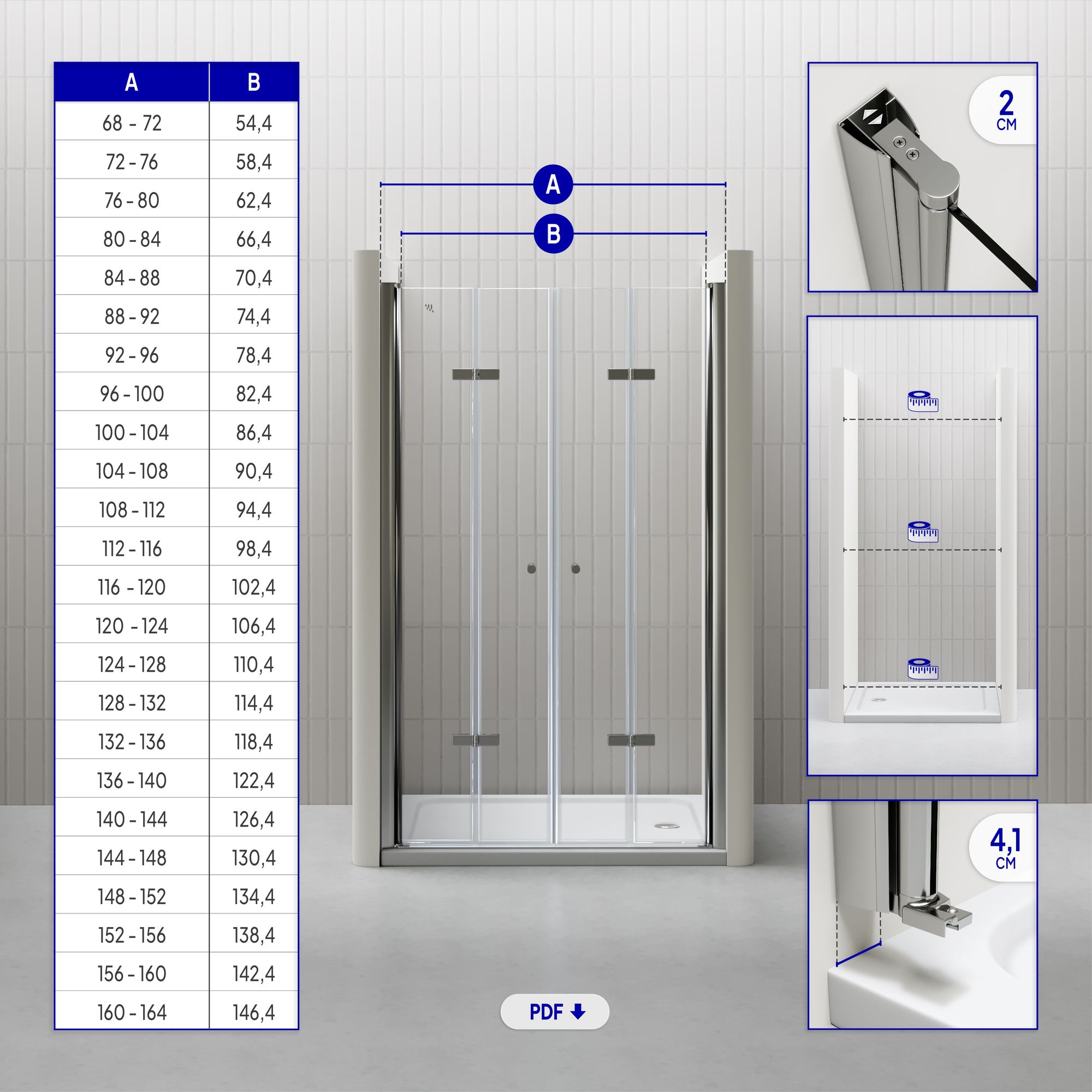 Duschtür Lena mit Falttüren aus klarem ESG Sicherheitsglas Duschtür Lena mit Falttüren aus klarem ESG Sicherheitsglas
