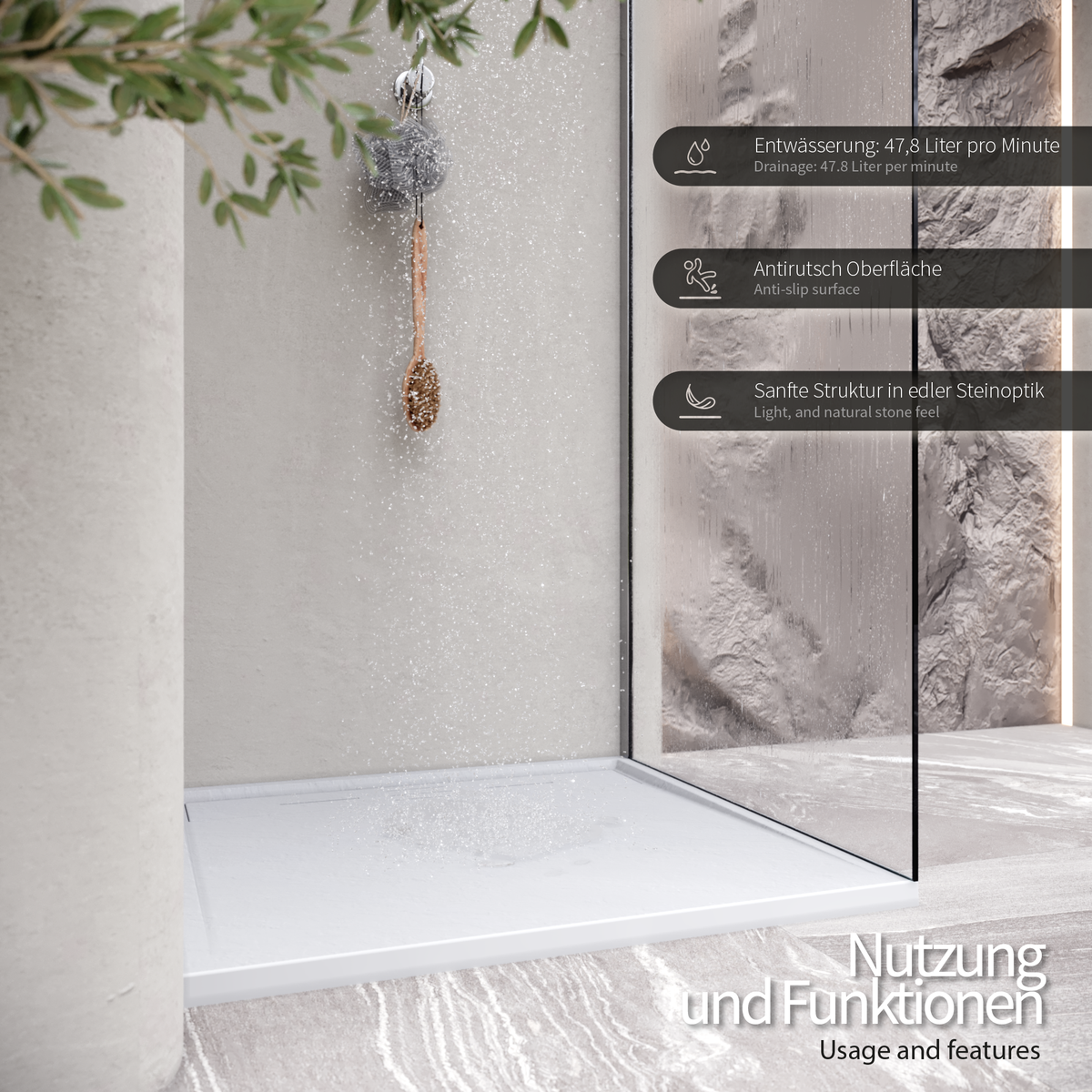 SMC Duschwanne Hiemal in Schieferoptik inkl. Ablaufgarnitur Weiß 90x100 cm