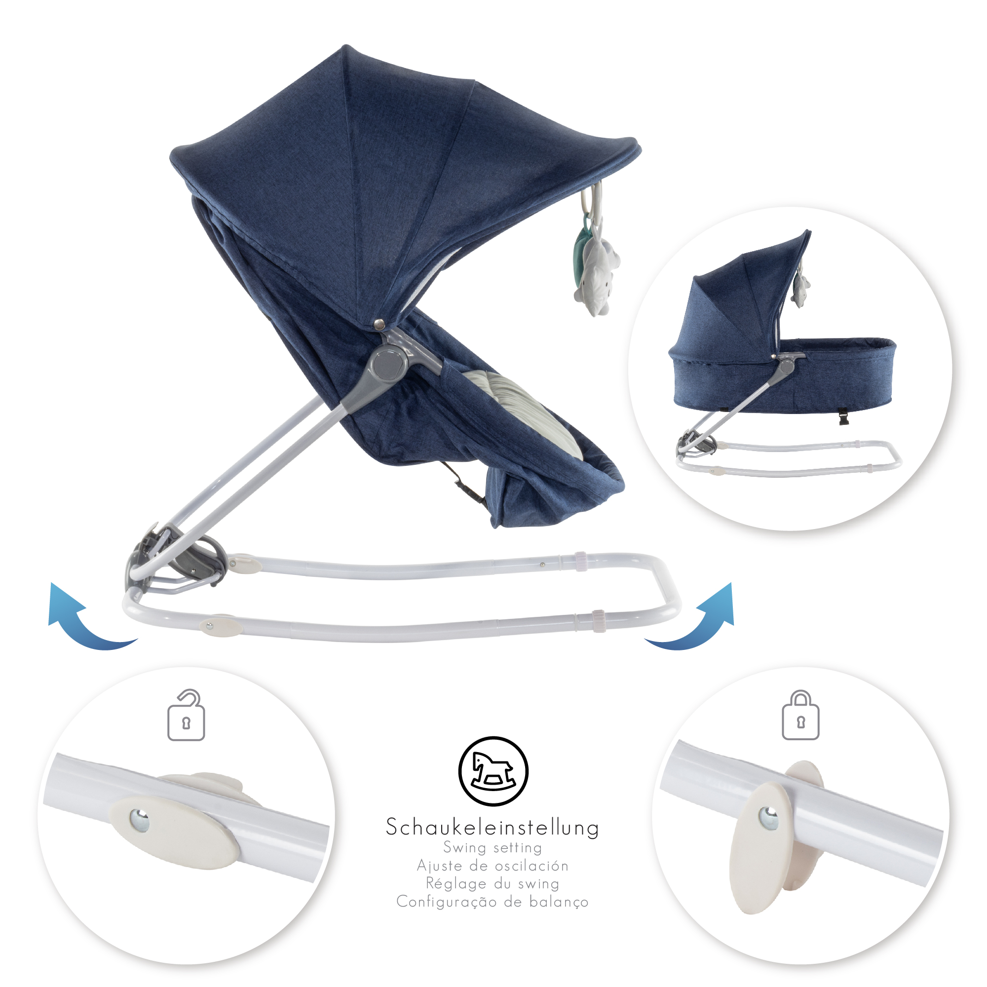 Babywippe PAVO mit Wiegenfunktion und Spielebogen Blau + Grau Babywippe PAVO mit Wiegenfunktion und Spielebogen Blau + Grau