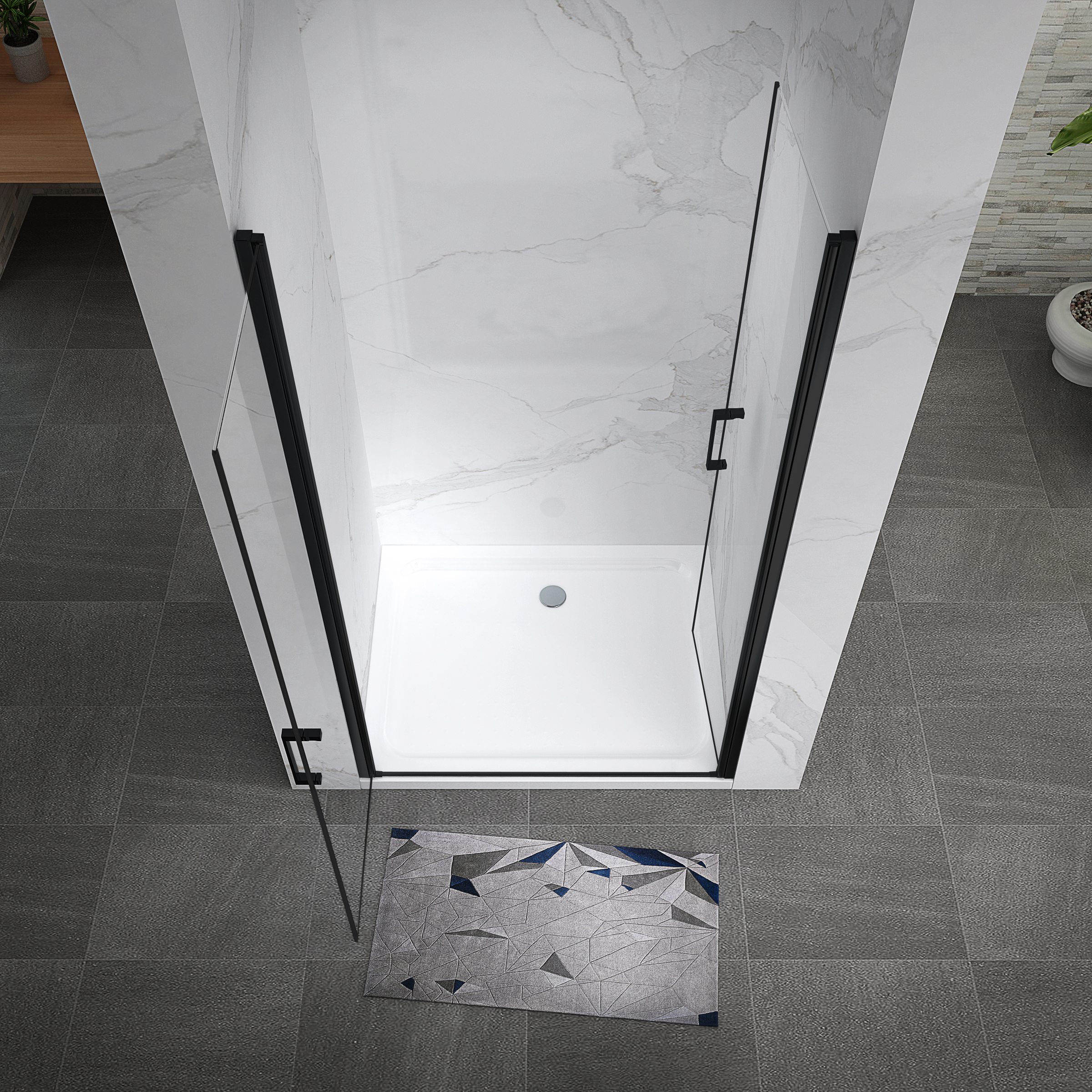 Duschtür Lara BLACK mit Pendeltüren und Edelstahlgriffe 68-140 cm aus ESG Sicherheitsglas Lara – Shower Door BLACK with Hinged Doors and Stainless Steel Handles, 68-104 cm, made of ESG Safety Glass