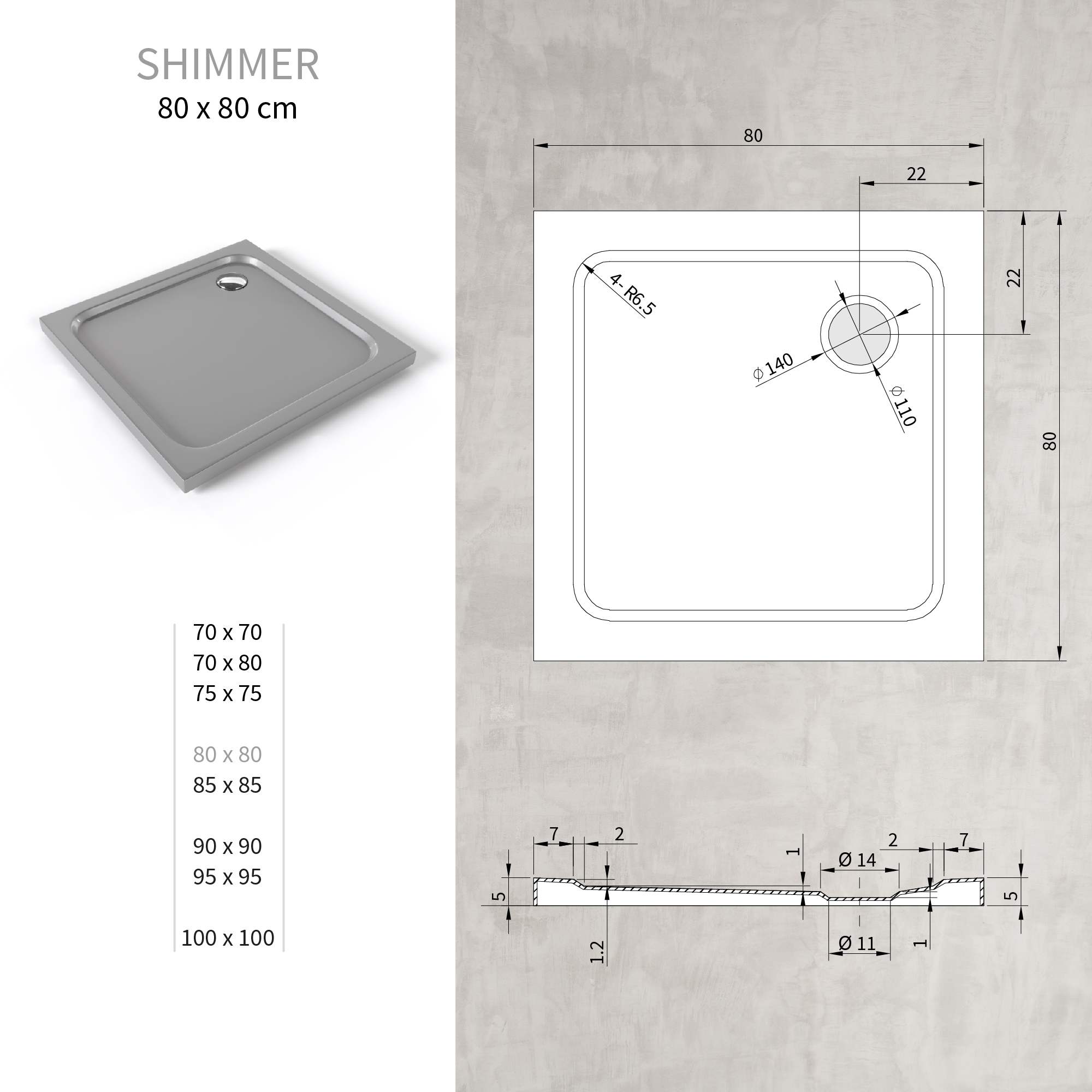 Duschwanne Shimmer aus Sanitäracryl inkl. Ablaufgarnitur - Grau