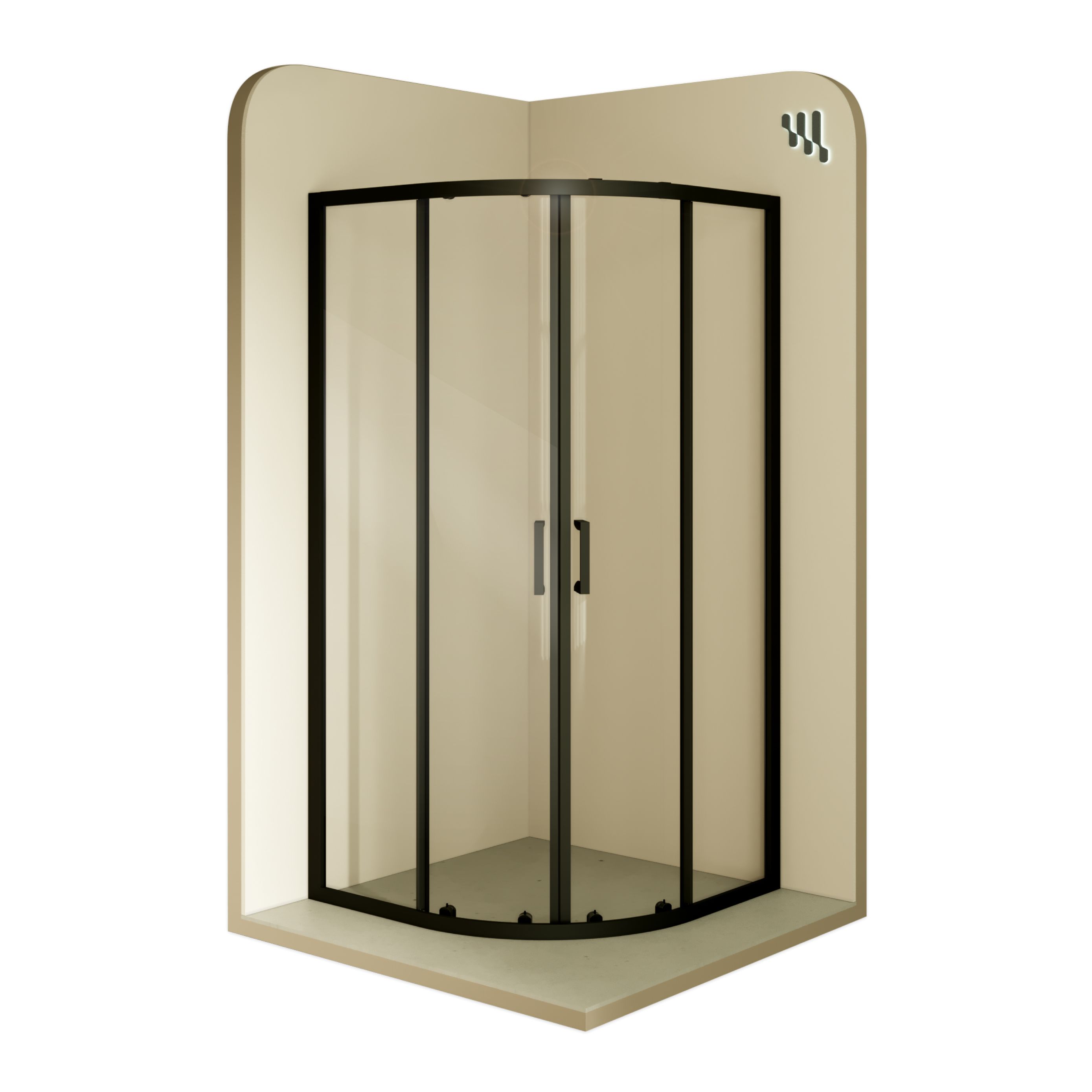Quarter Circle Shower Ella with Sliding Doors and Black Profiles Made of ESG Safety Glass Ella – Viertelkreisdusche mit Schiebetüren und schwarzen Profilen aus ESG Sicherheitsglas