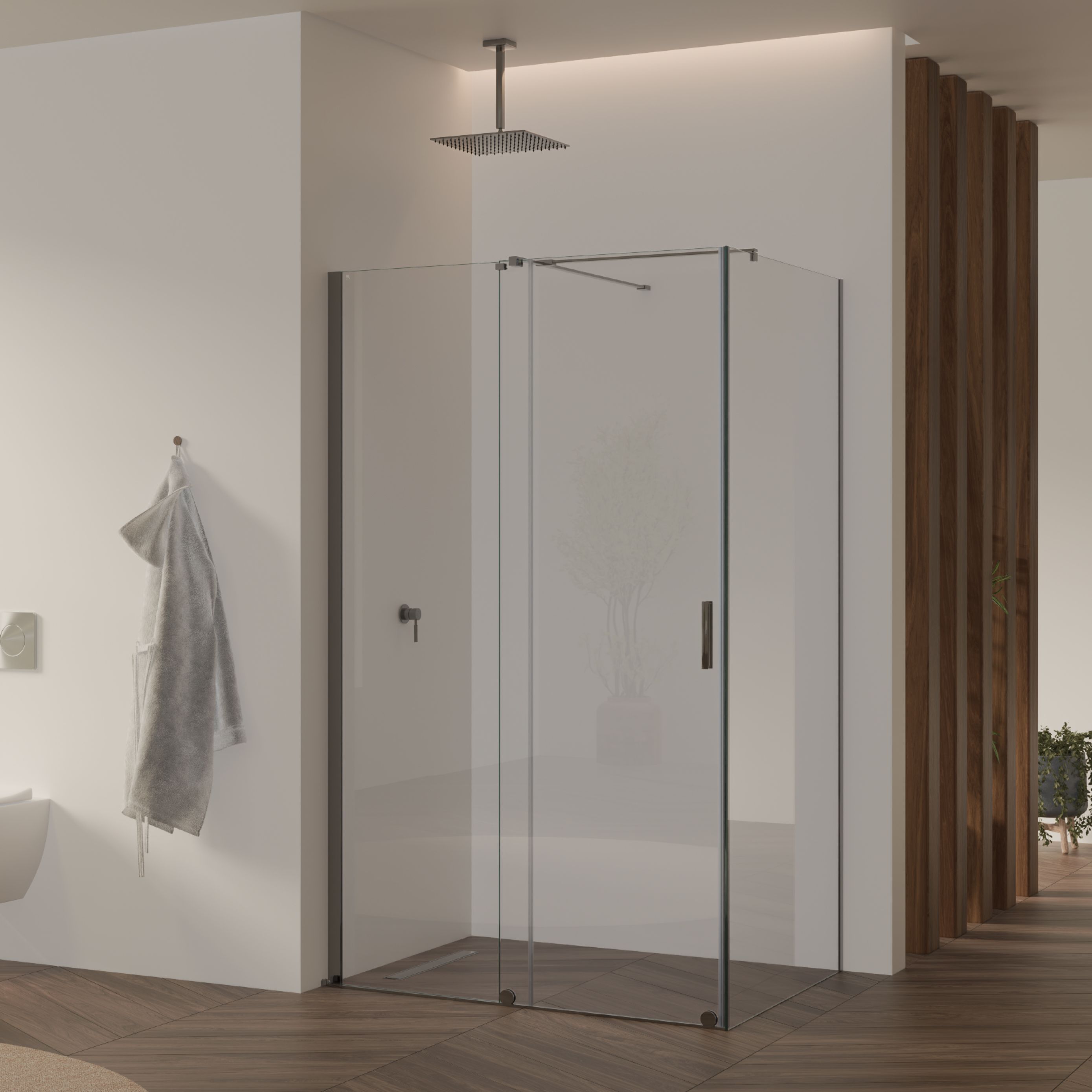 Front-entry NADINE with sliding door in chrome made of 8mm tempered clear glass. NADINE – Fronteinstieg mit Schiebetür in Chrom aus 8mm ESG Klarglas