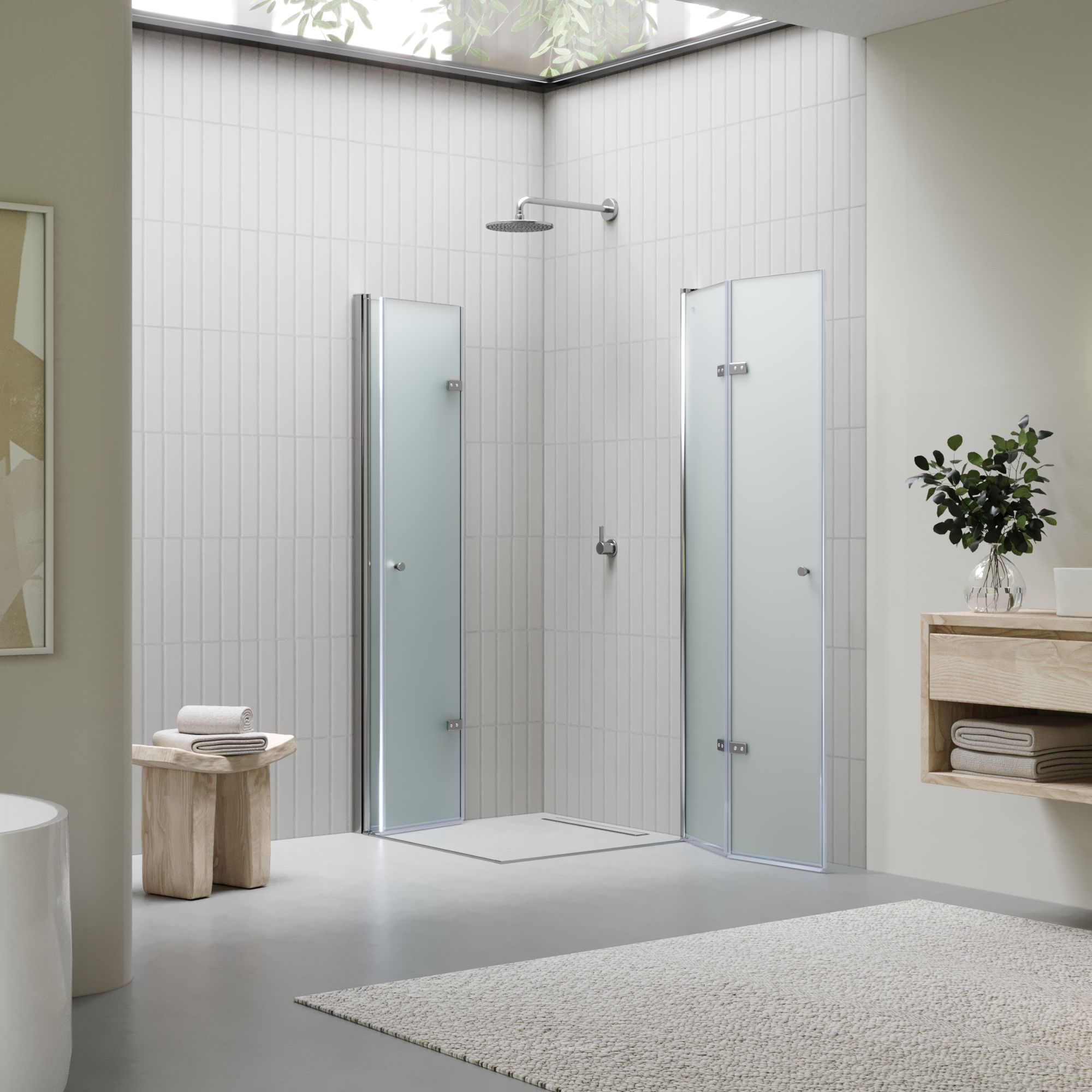 Eckeinstieg Emma mit Falttüren aus satiniertem ESG Sicherheitsglas Emma – Corner Entry with Folding Doors made of Satin-Finished Tempered Safety Glass