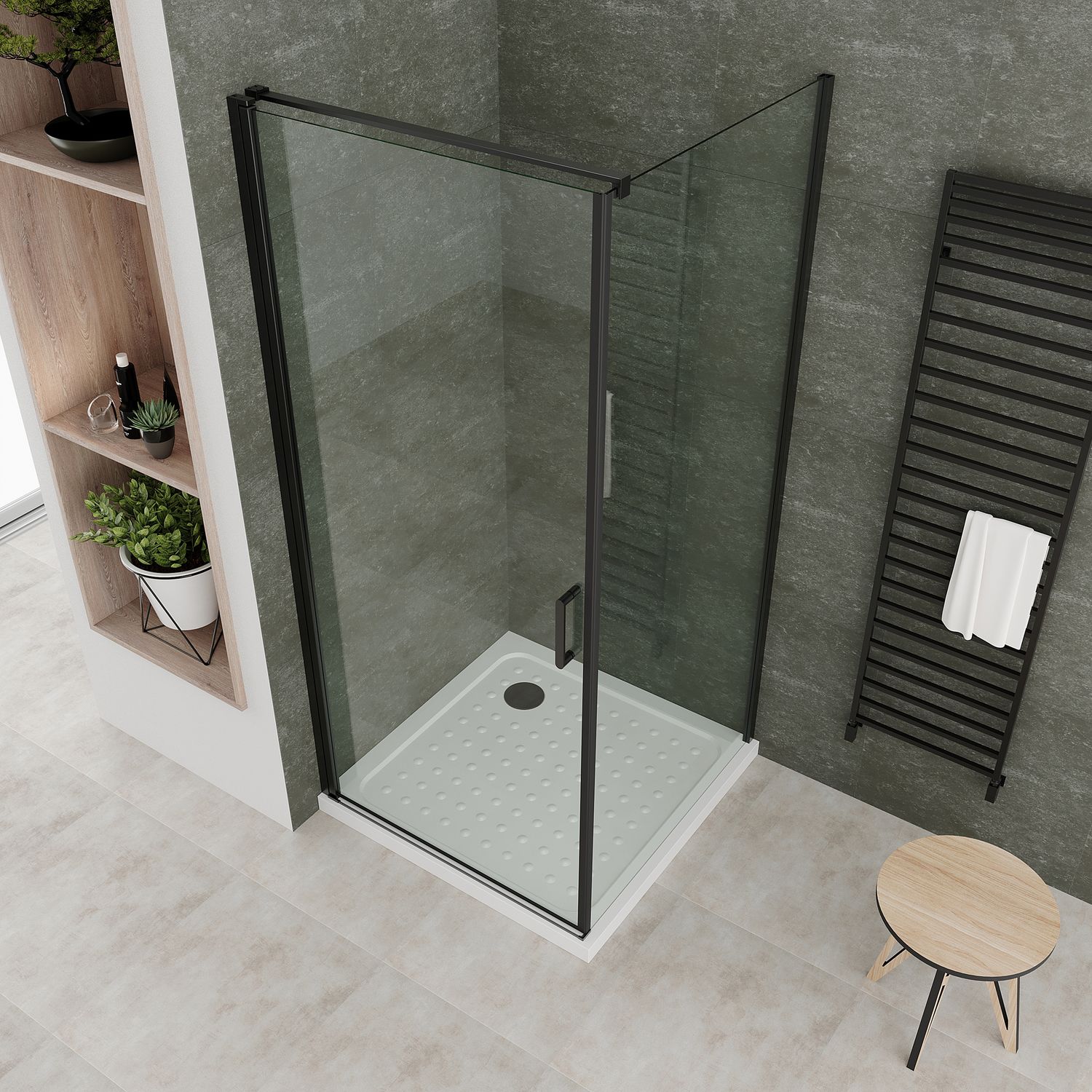 Fronteinstieg Hellen mit Klapptür und schwarzen Profilen aus ESG Sicherheitsglas Fronteinstieg Hellen mit Klapptür und schwarzen Profilen aus ESG Sicherheitsglas