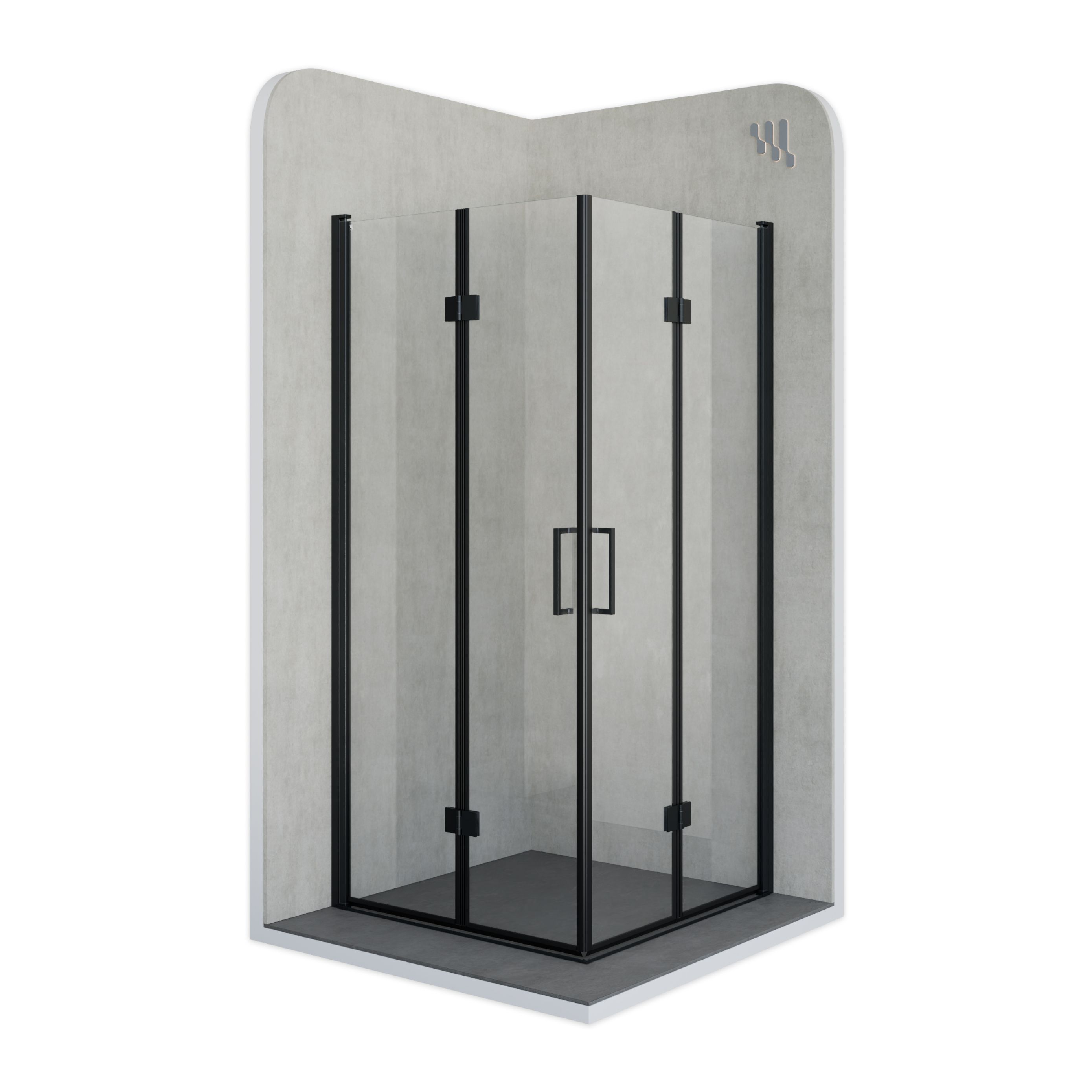 Corner entry Belle with folding doors and black profiles made of ESG safety glass. Corner entry Belle with folding doors and black profiles made of ESG safety glass.