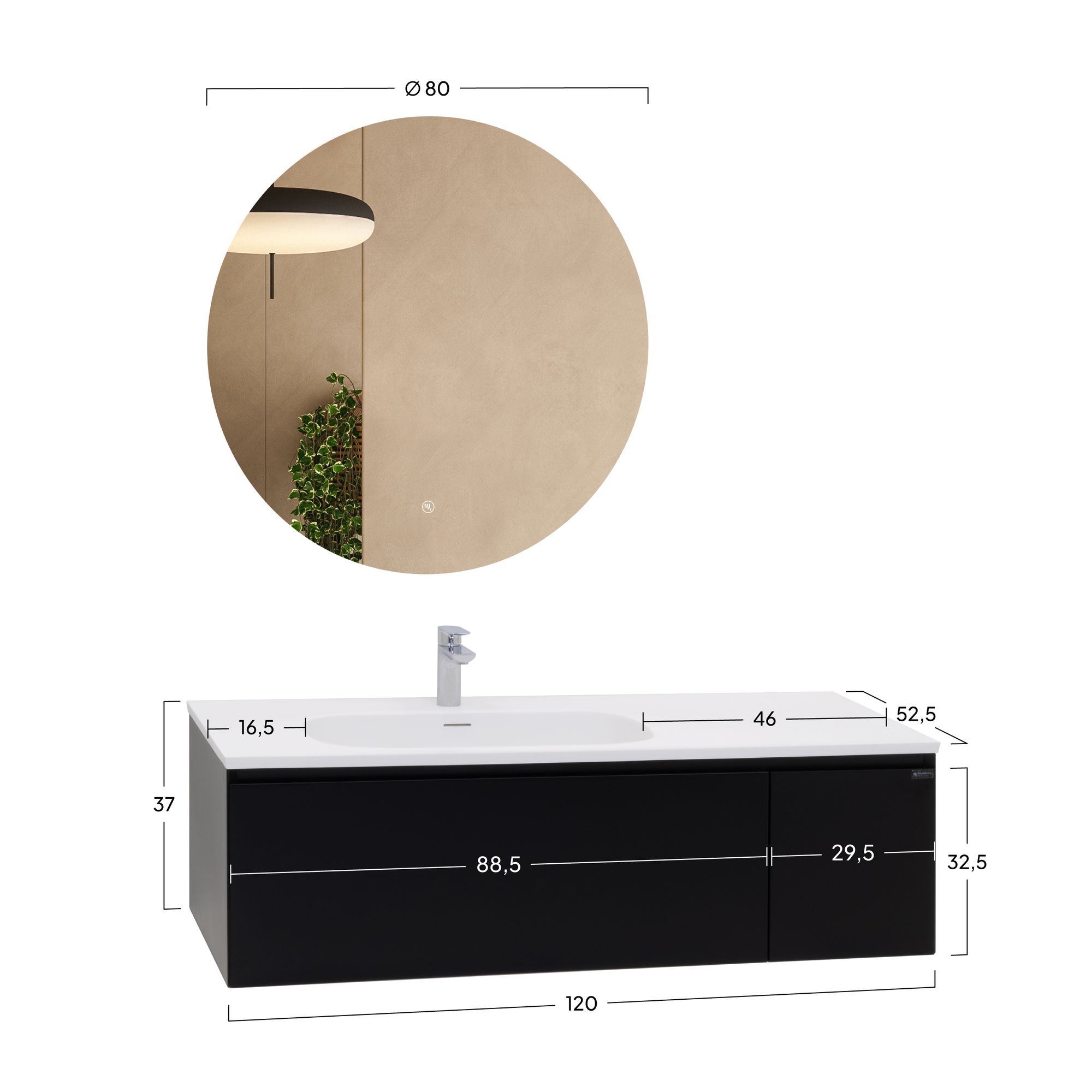 adezimmermöbel Dafne – 120 cm Schwarz Matt, Softclose & runder LED-Spiegel adezimmermöbel Dafne – 120 cm Schwarz Matt, Softclose & runder LED-Spiegel