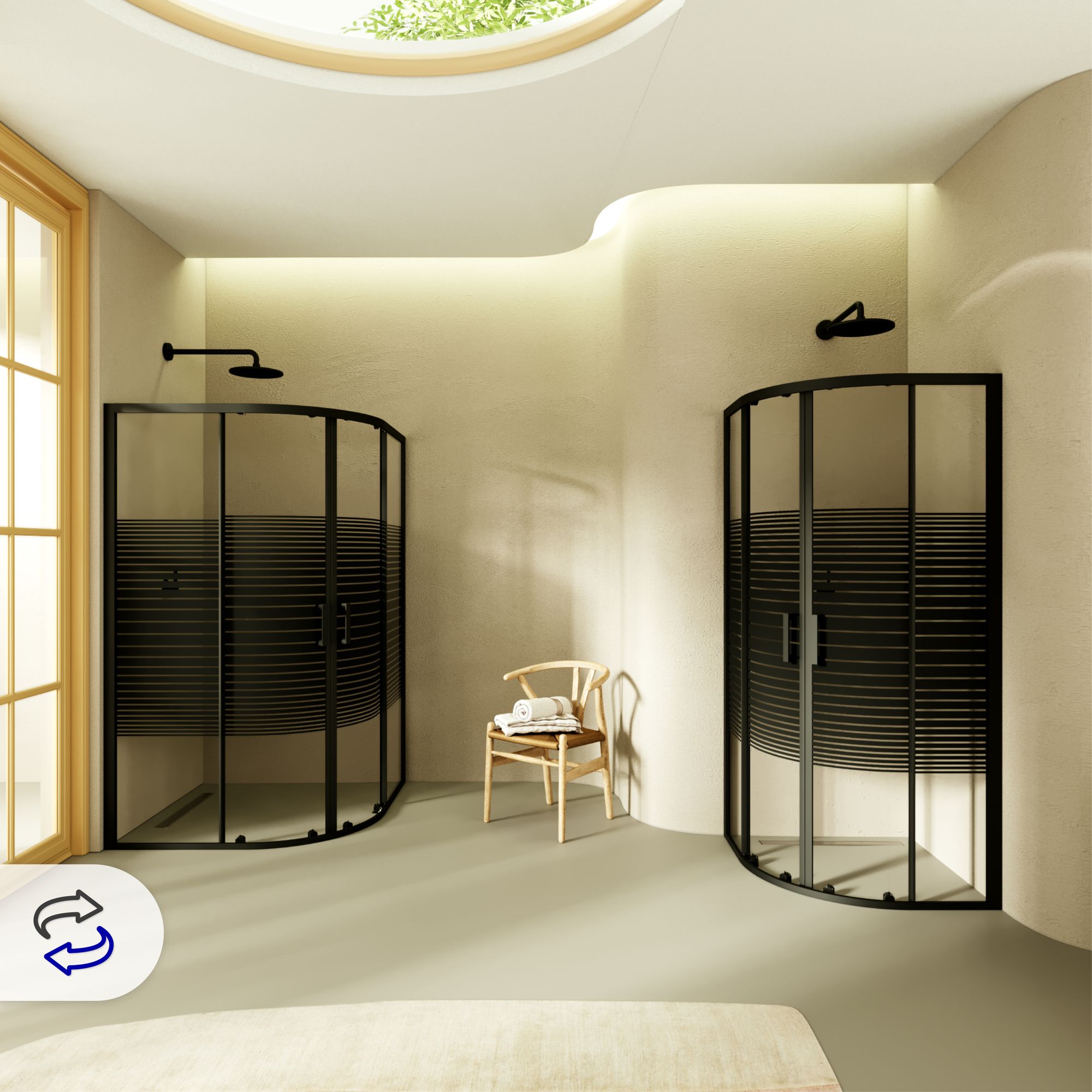 Viertelkreisdusche Ella mit Schiebetüren aus gestreiftem ESG Glas mit schwarzen Aluminium Profile Viertelkreisdusche Ella mit Schiebetüren aus gestreiftem ESG Glas mit schwarzen Aluminium Profile