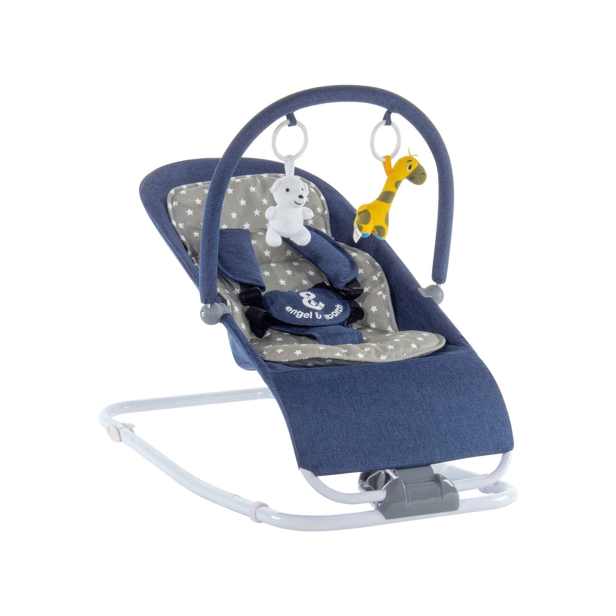 Babywippe VIENO mit abnehmbarem Bezug und Spielebogen Blau + Grau weiße Sterne