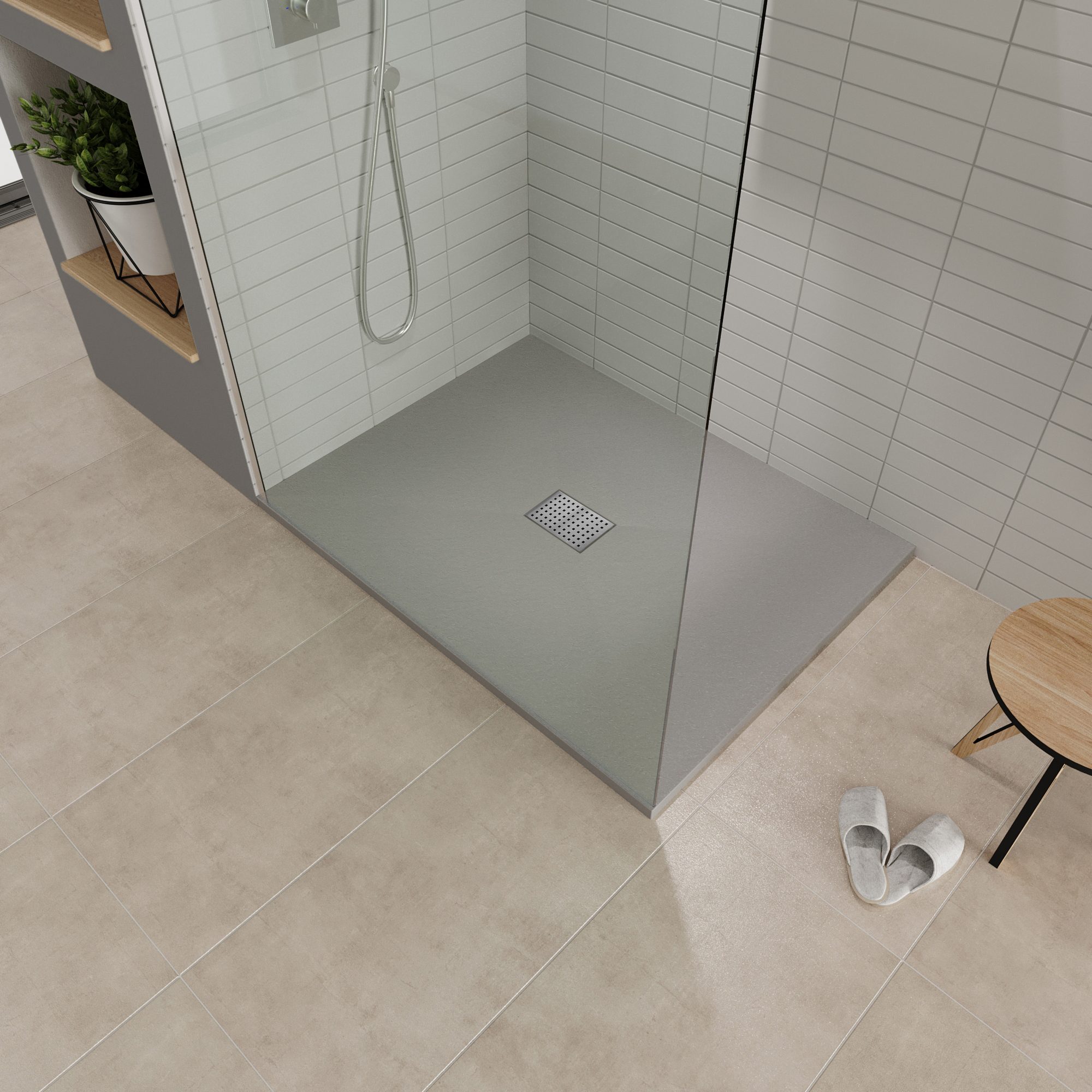 Tray – SMC Shower Boreal in Stone Look with Drain Assembly - Grey