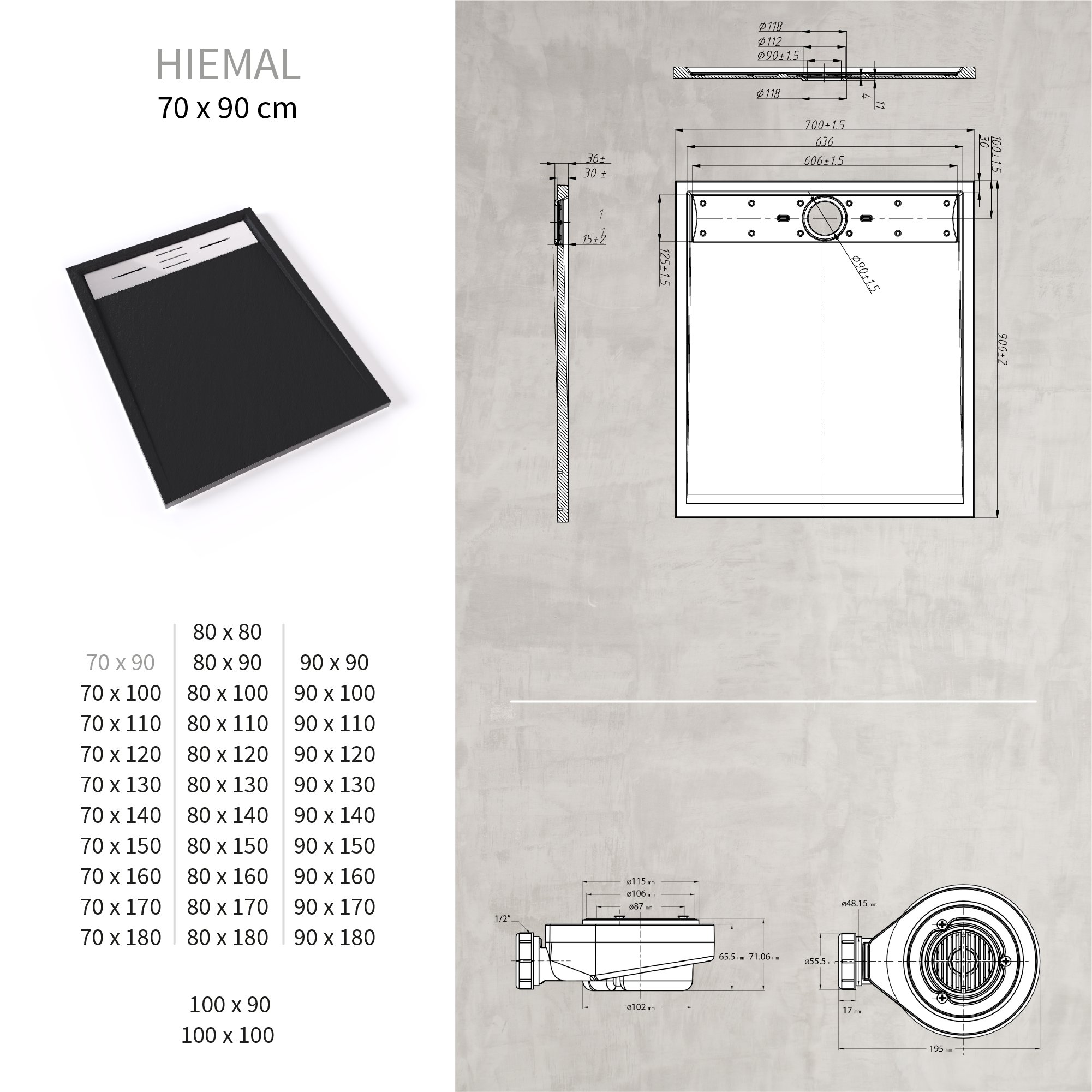 SMC Duschwanne Hiemal in Schieferoptik inkl. Ablaufgarnitur Schwarz mit Edelstahldeckel 70x90 cm