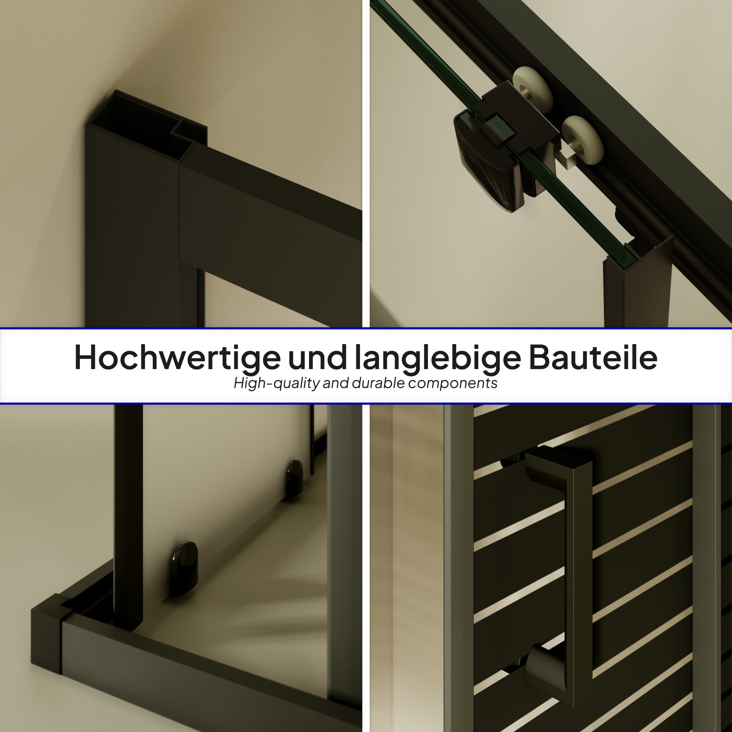 Corner entry Danielle with sliding doors made of black striped ESG safety glass.