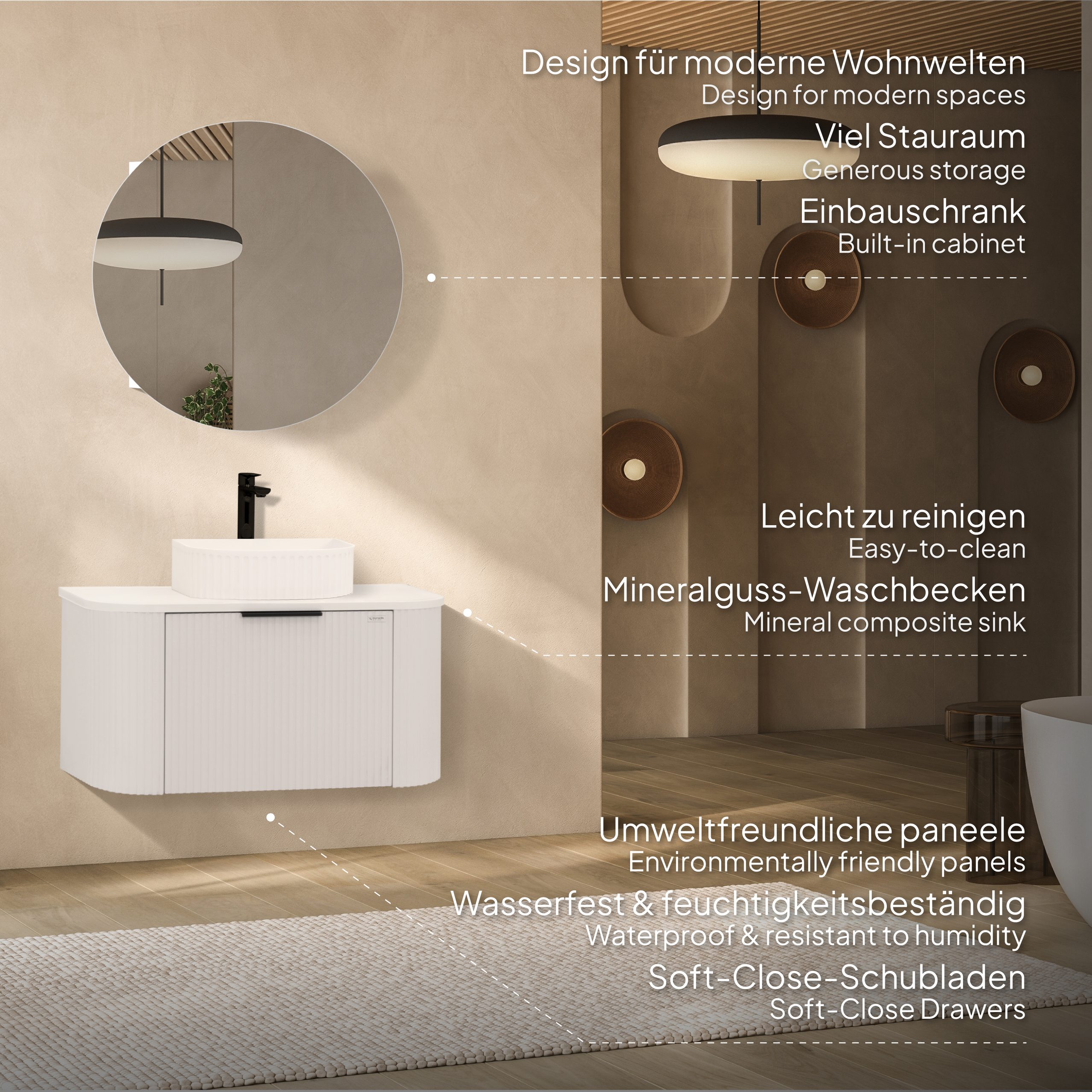 Badmöbel-Set Maia White, wandhängend, mit Steinplatte und Waschtisch aus Mineralguss sowie LED-Spiegel mit Antibeschlagfunktion, gerillte Textur