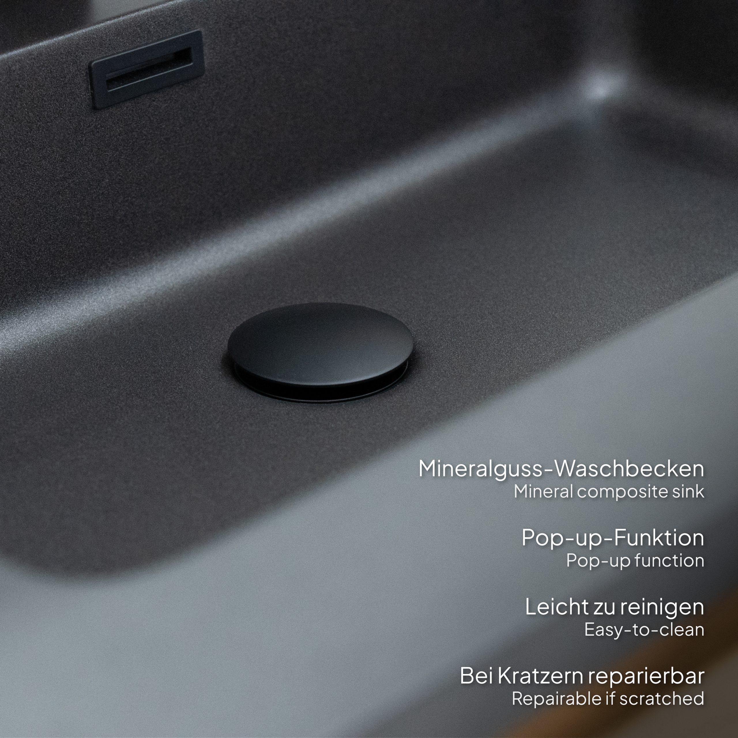 Badmöbel-Set Atena [120 cm] mit Mineralharz-Waschbecken in Hochglanz Schwarz, Unterschrank mit Spiegel und hängendem Hochschrank in Eiche