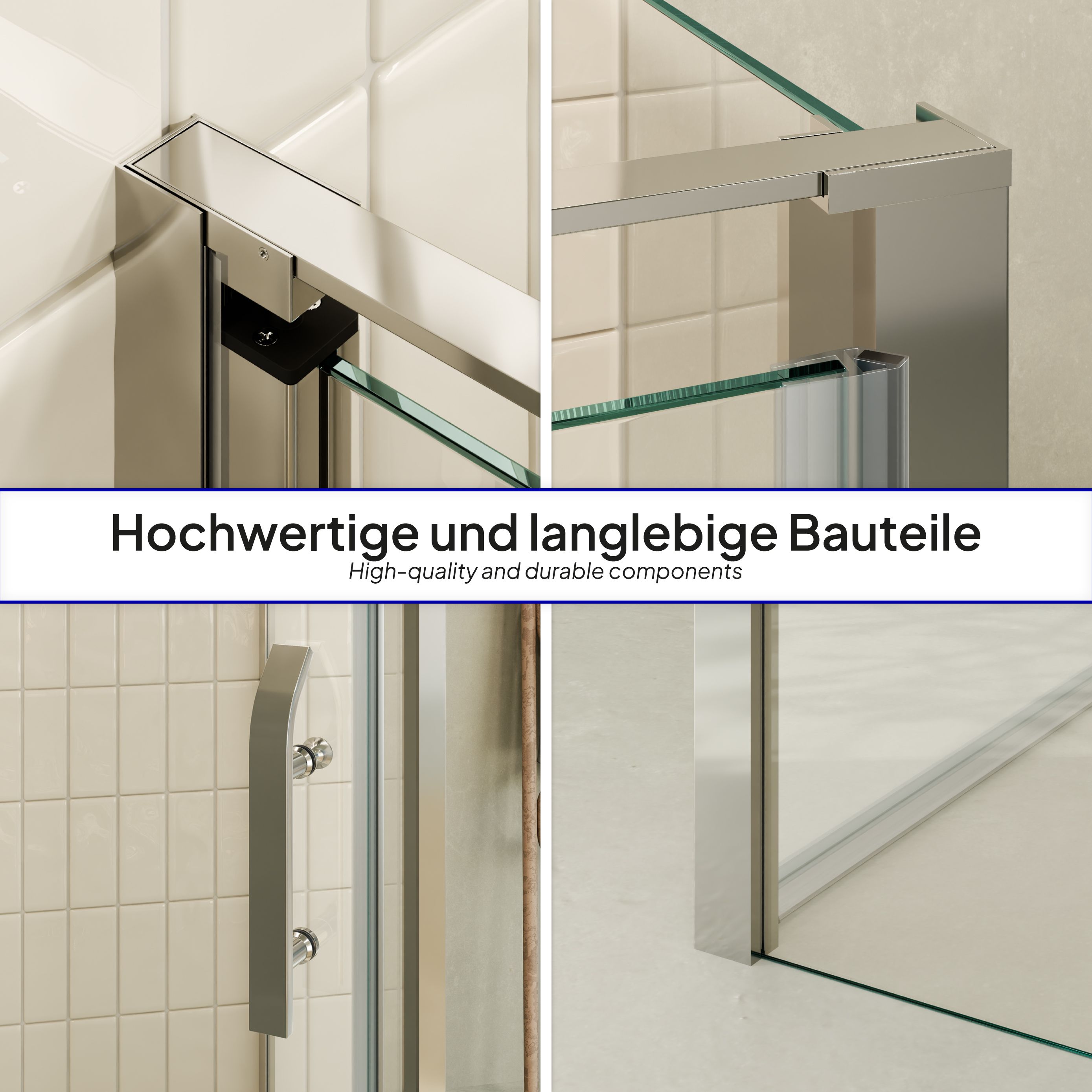 Front-entry Nicole with folding door made of 8 mm tempered safety glass. Nicole – Fronteinstieg mit Klapptür aus 8 mm ESG Sicherheitsglas