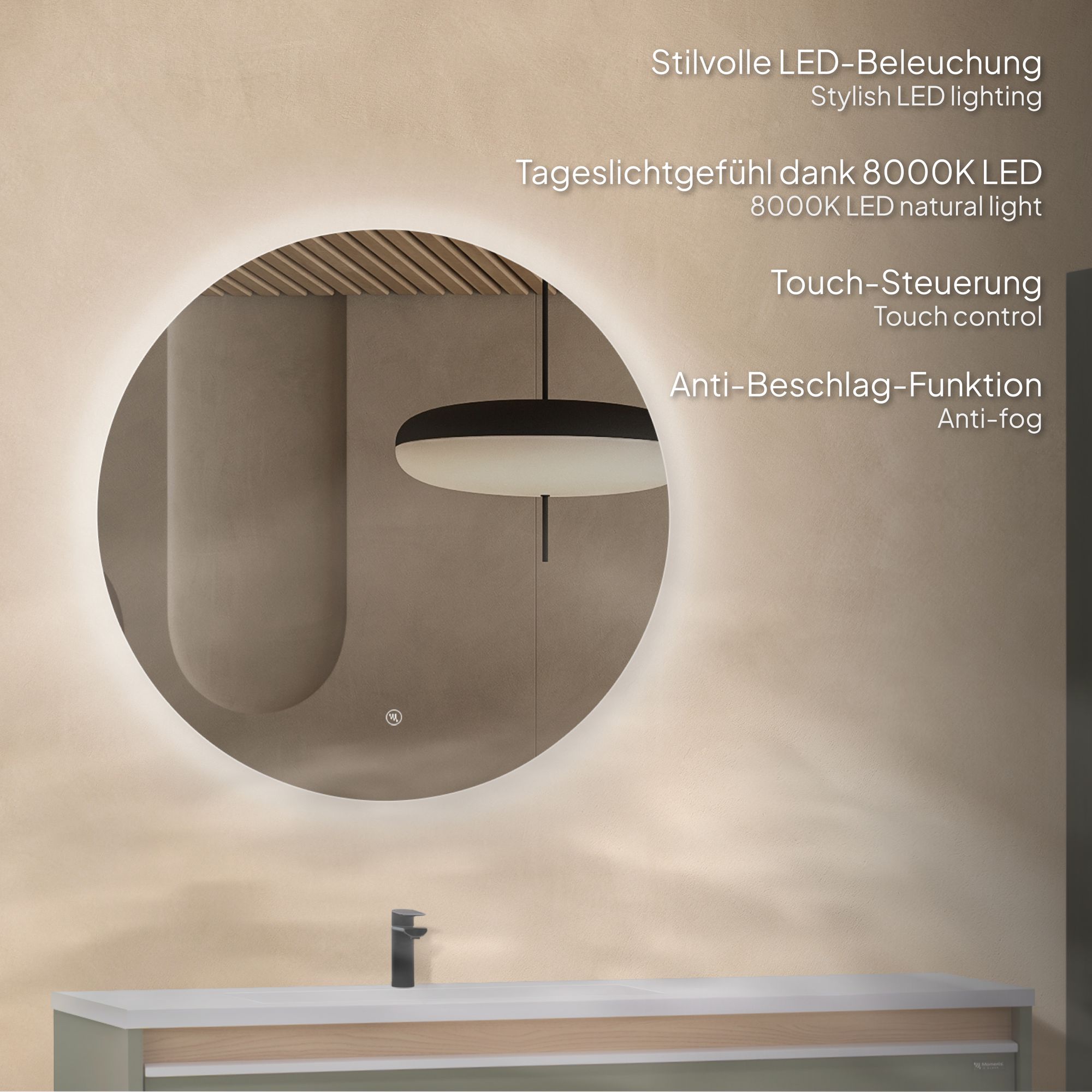 Badezimmermöbel Nereia – 100 cm Unterschrank Eiche hell + LED-Rundspiegel Badezimmermöbel Nereia – 100 cm Unterschrank Eiche hell + LED-Rundspiegel