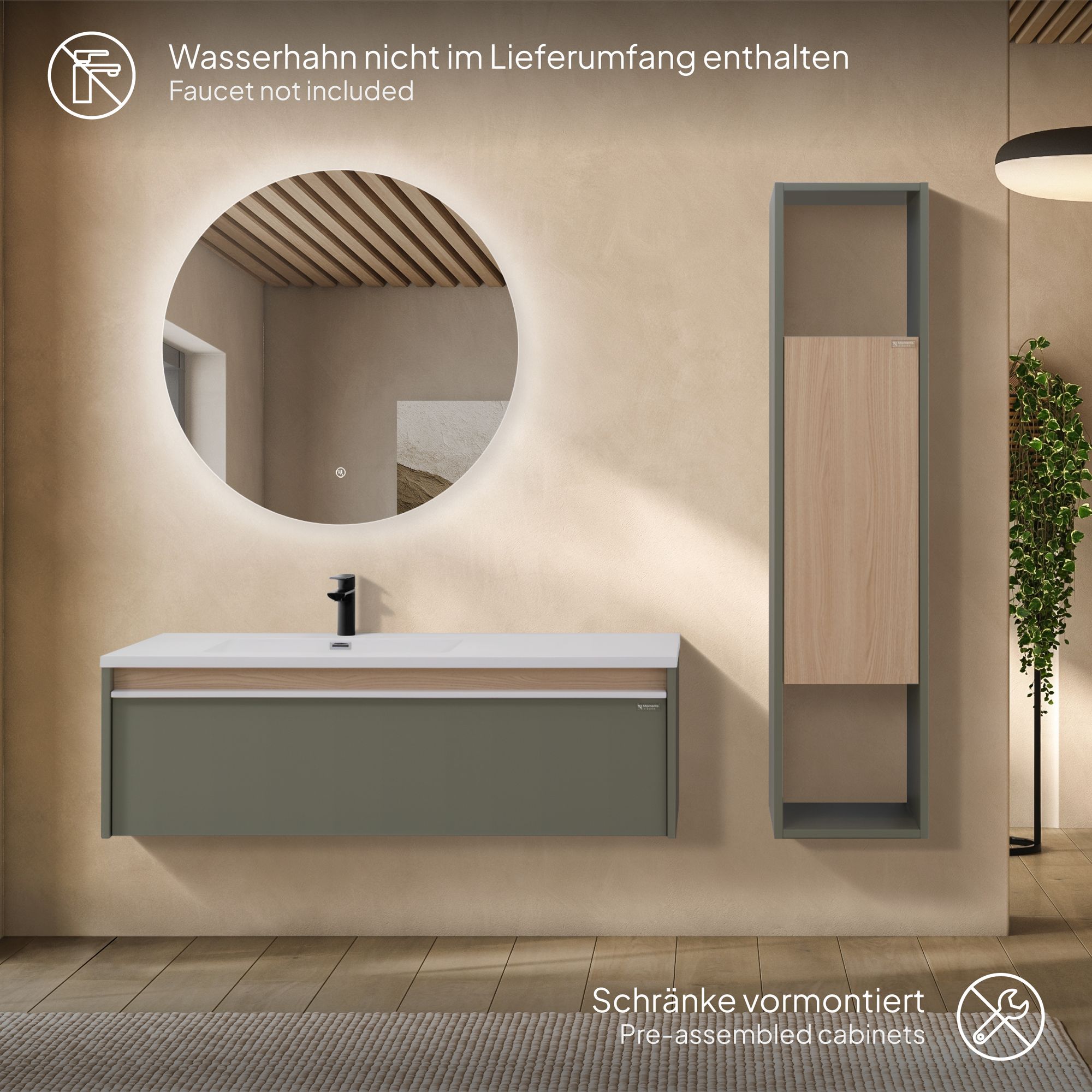 Badezimmermöbel Nereia – 100 cm Unterschrank Eiche hell + LED-Rundspiegel Badezimmermöbel Nereia – 100 cm Unterschrank Eiche hell + LED-Rundspiegel