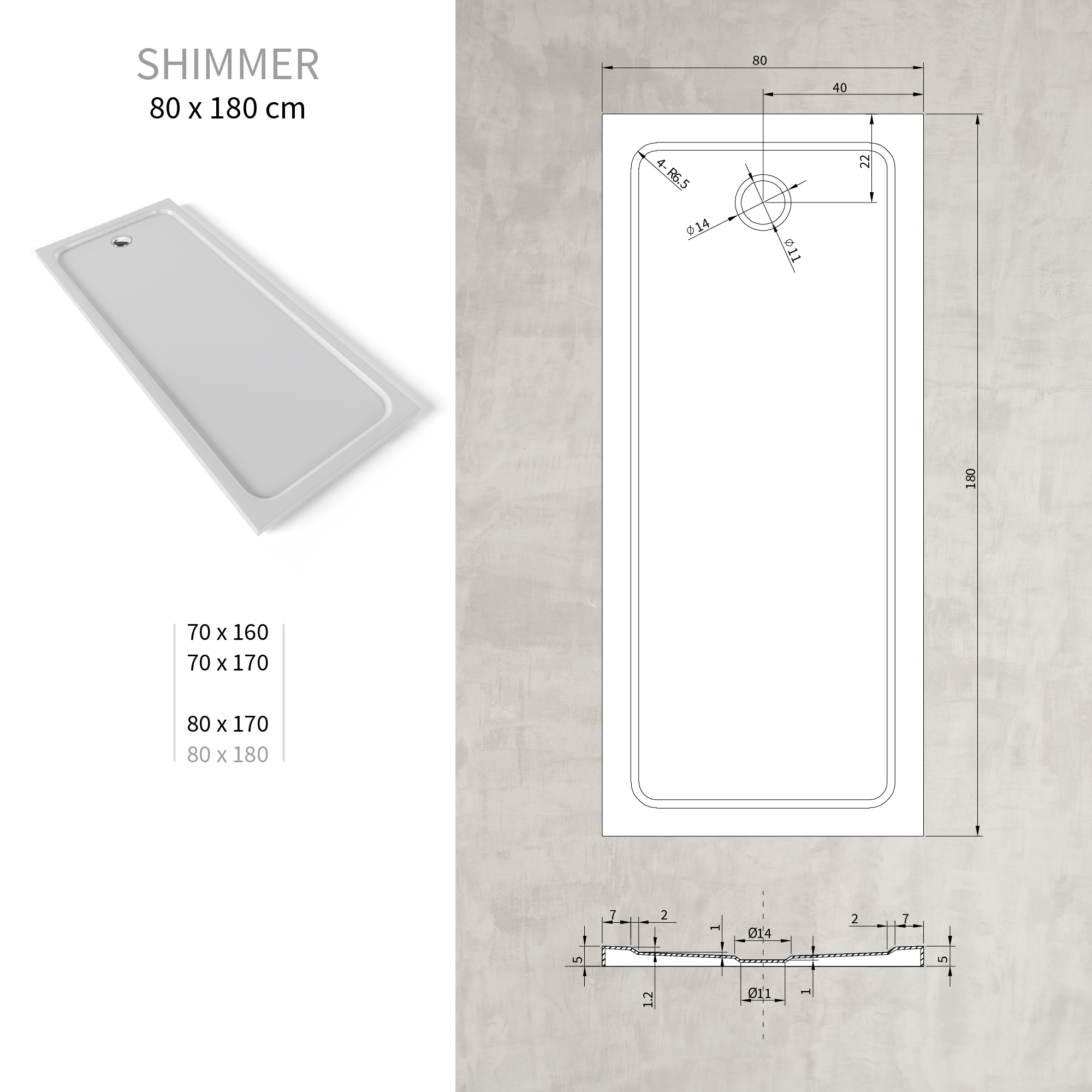 Tray – Shower Shimmer made of sanitary acrylic including waste fitting - White