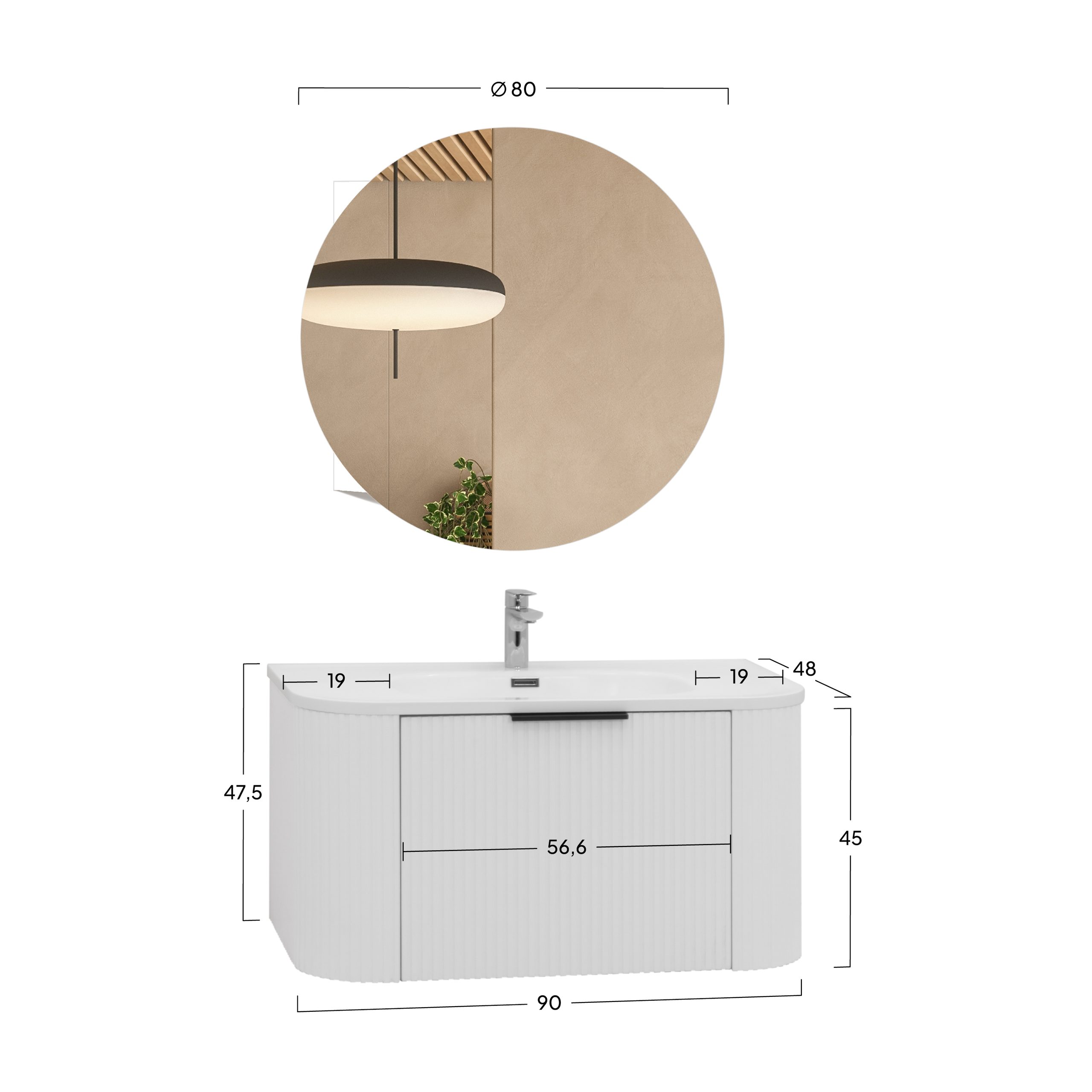 Badmöbel-Set Maia Plus White, wandhängend, mit lamellenförmigem Dekor, Mineralguss-Waschtisch und LED-Spiegel mit Antibeschlag Badmöbel-Set Maia Plus White, wandhängend, mit lamellenförmigem Dekor, Mineralguss-Waschtisch und LED-Spiegel mit Antibeschlag