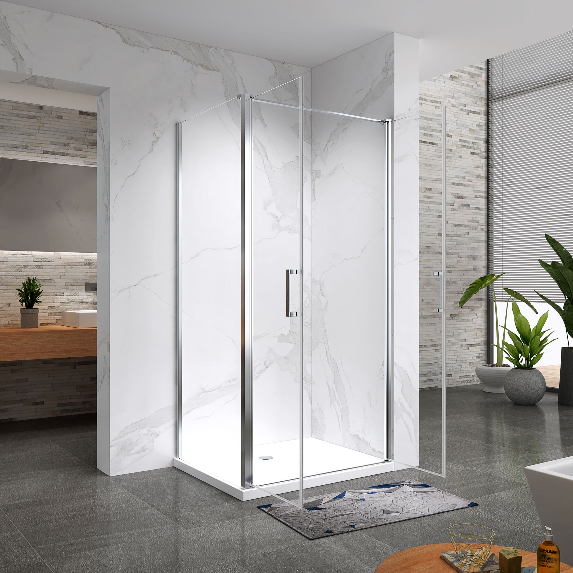Shower Door Lara with Hinged Doors and Stainless Steel Handles, 68-104 cm, made of ESG Safety Glass Shower Door Lara with Hinged Doors and Stainless Steel Handles, 68-104 cm, made of ESG Safety Glass