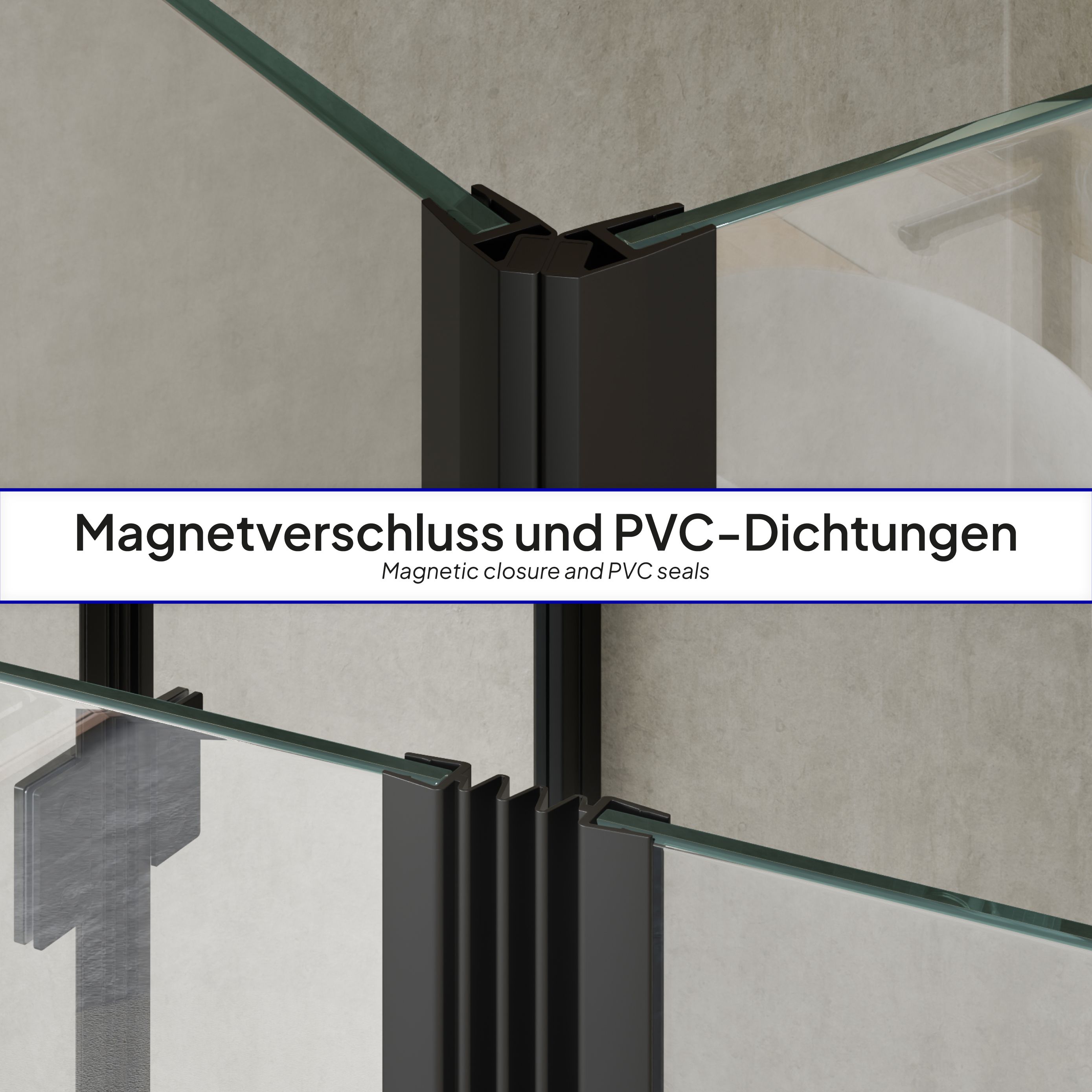 Corner entry Belle with folding doors and black profiles made of ESG safety glass.