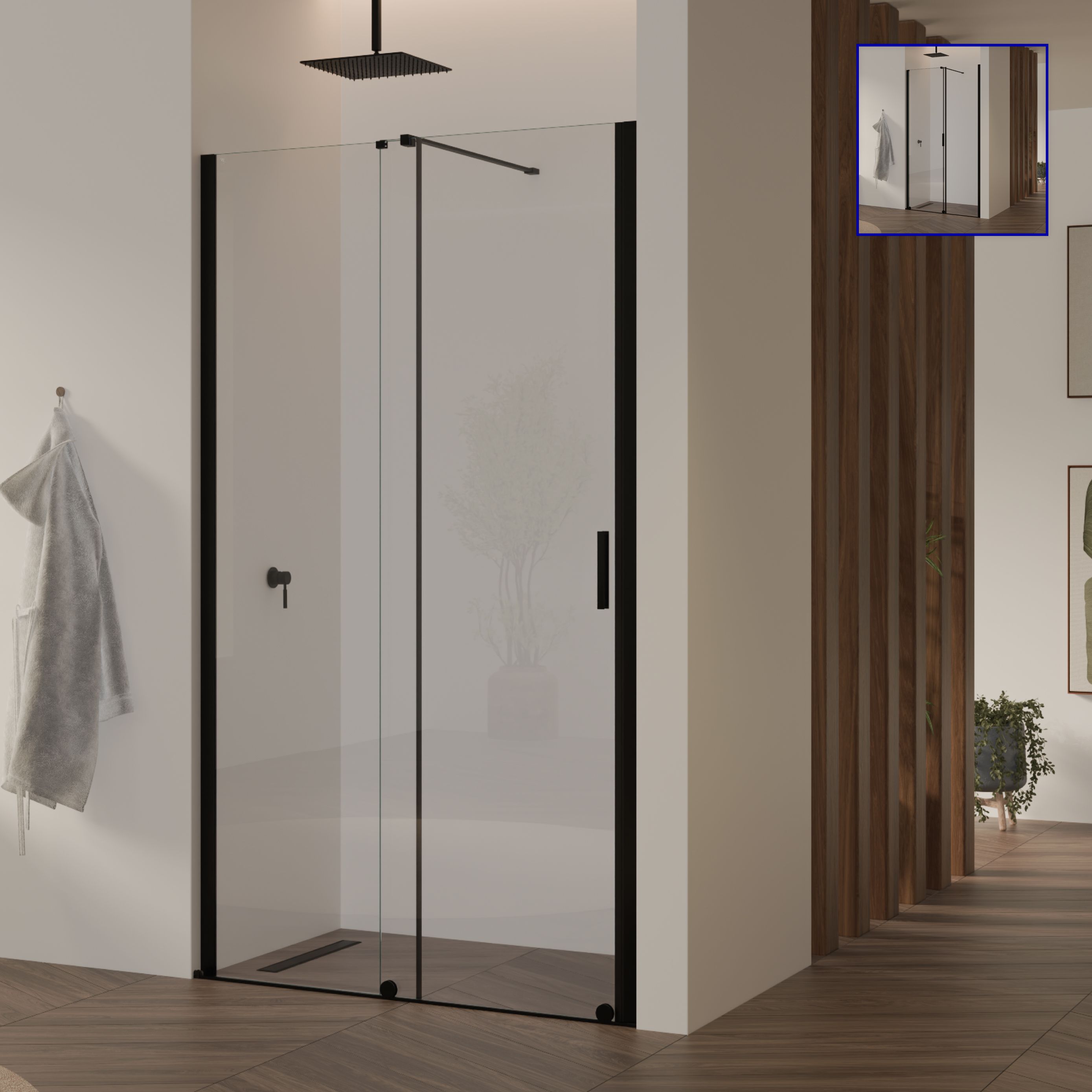 Shower Door Niche Door NADINE with Sliding Door in Black made of 8mm Tempered Clear Glass NADINE – Shower Door Niche Door with Sliding Door in Black made of 8mm Tempered Clear Glass