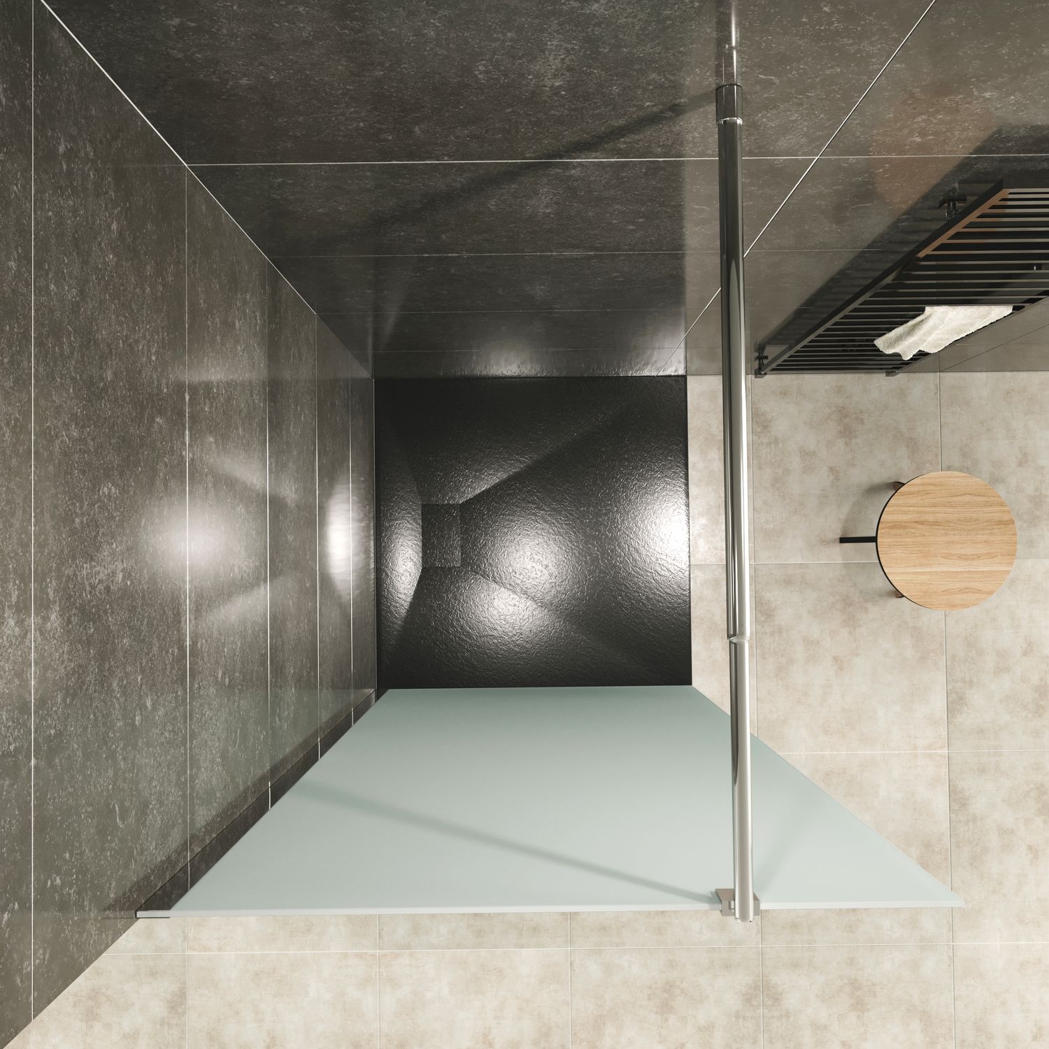 Walk-In Shower Fiona made of 10 mm thick frosted ESG safety glass and stainless steel profile. Walk-In Shower Fiona made of 10 mm thick frosted ESG safety glass and stainless steel profile.