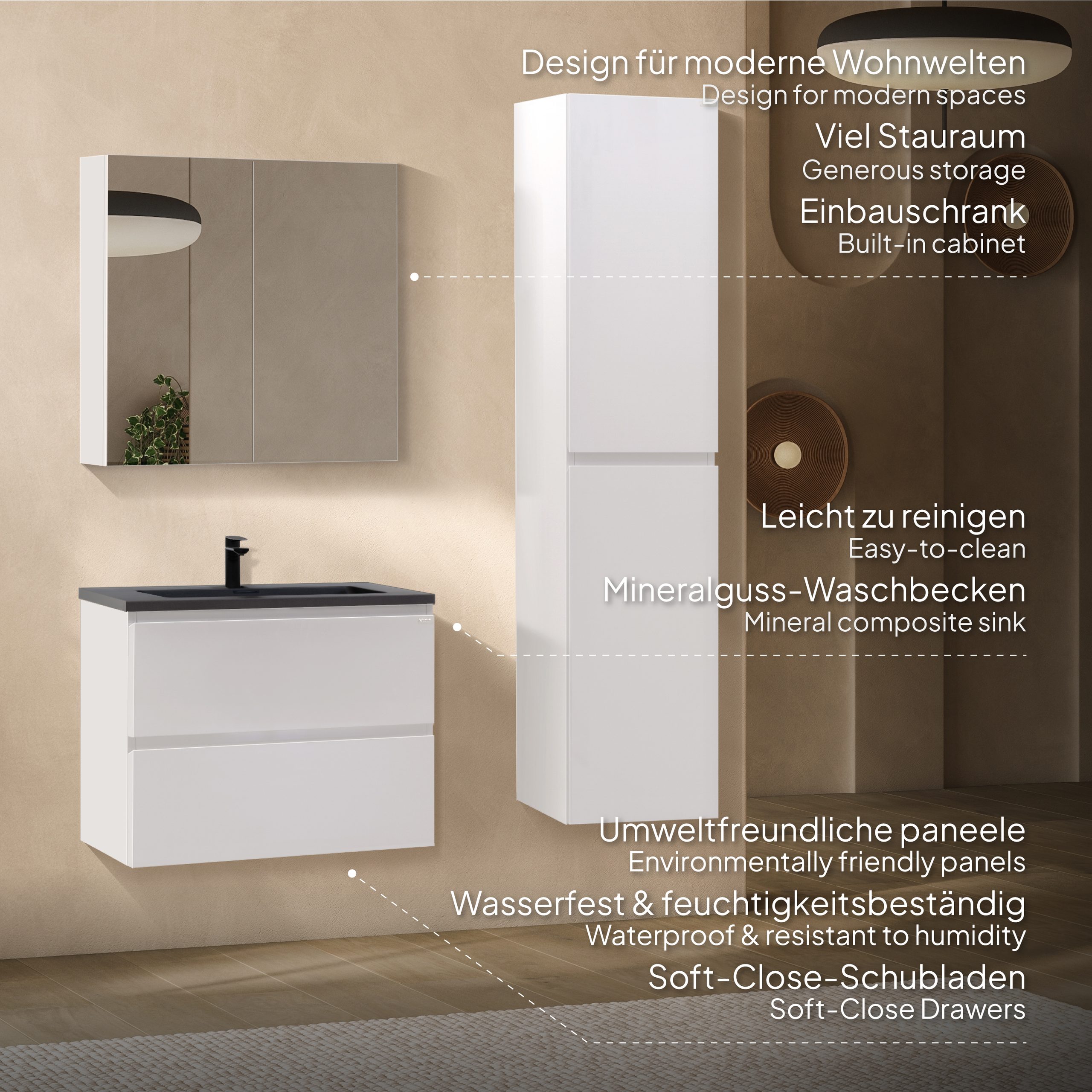 Badmöbel-Set Atena [60/80/100 cm] mit Mineralharz-Waschbecken in Hochglanz Schwarz, Unterschrank mit Spiegel und hängendem Hochschrank in Weiß zur Aufbewahrung