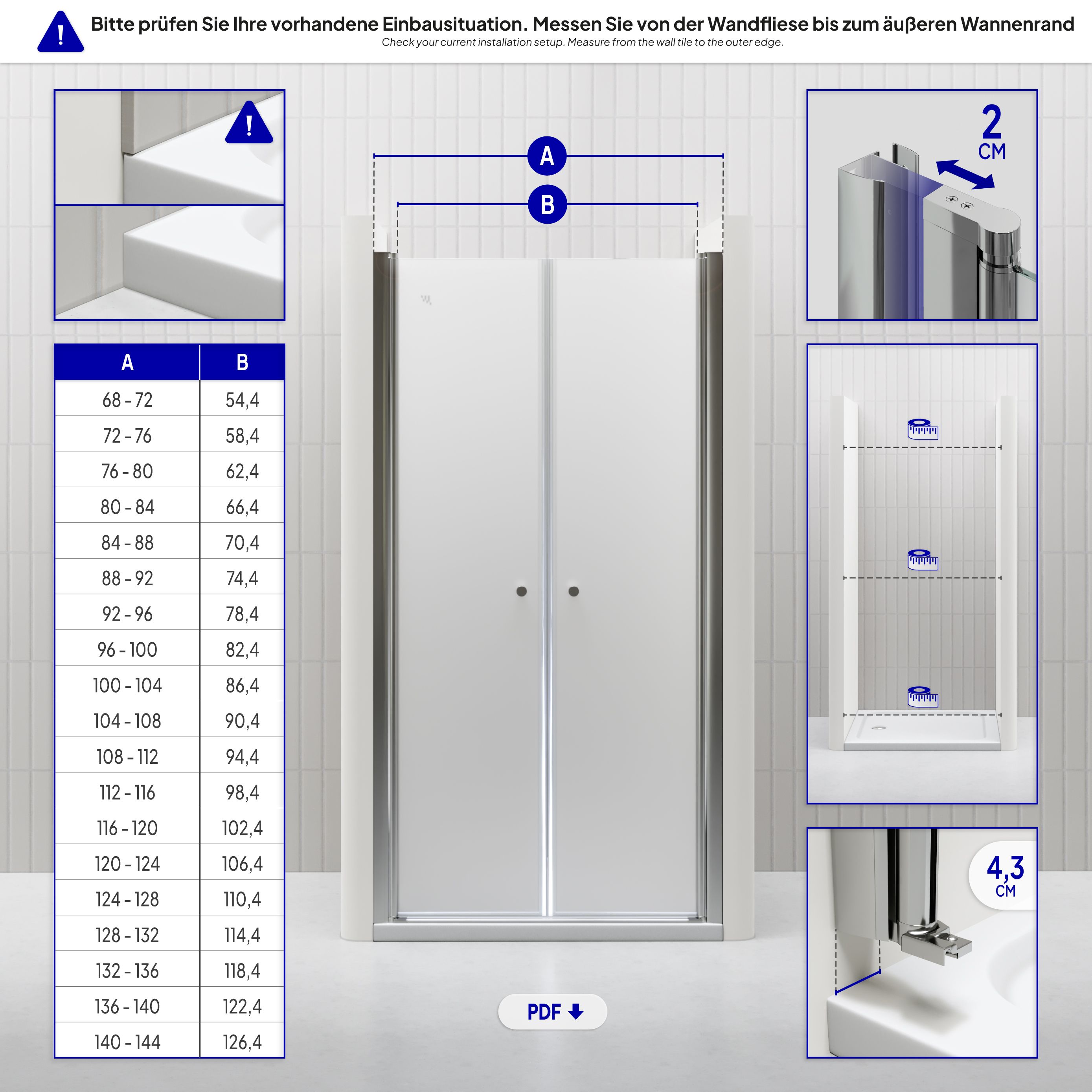 Shower Door Lima with Hinged Doors 68-140 cm made of Frosted ESG Safety Glass Shower Door Lima with Hinged Doors 68-140 cm made of Frosted ESG Safety Glass