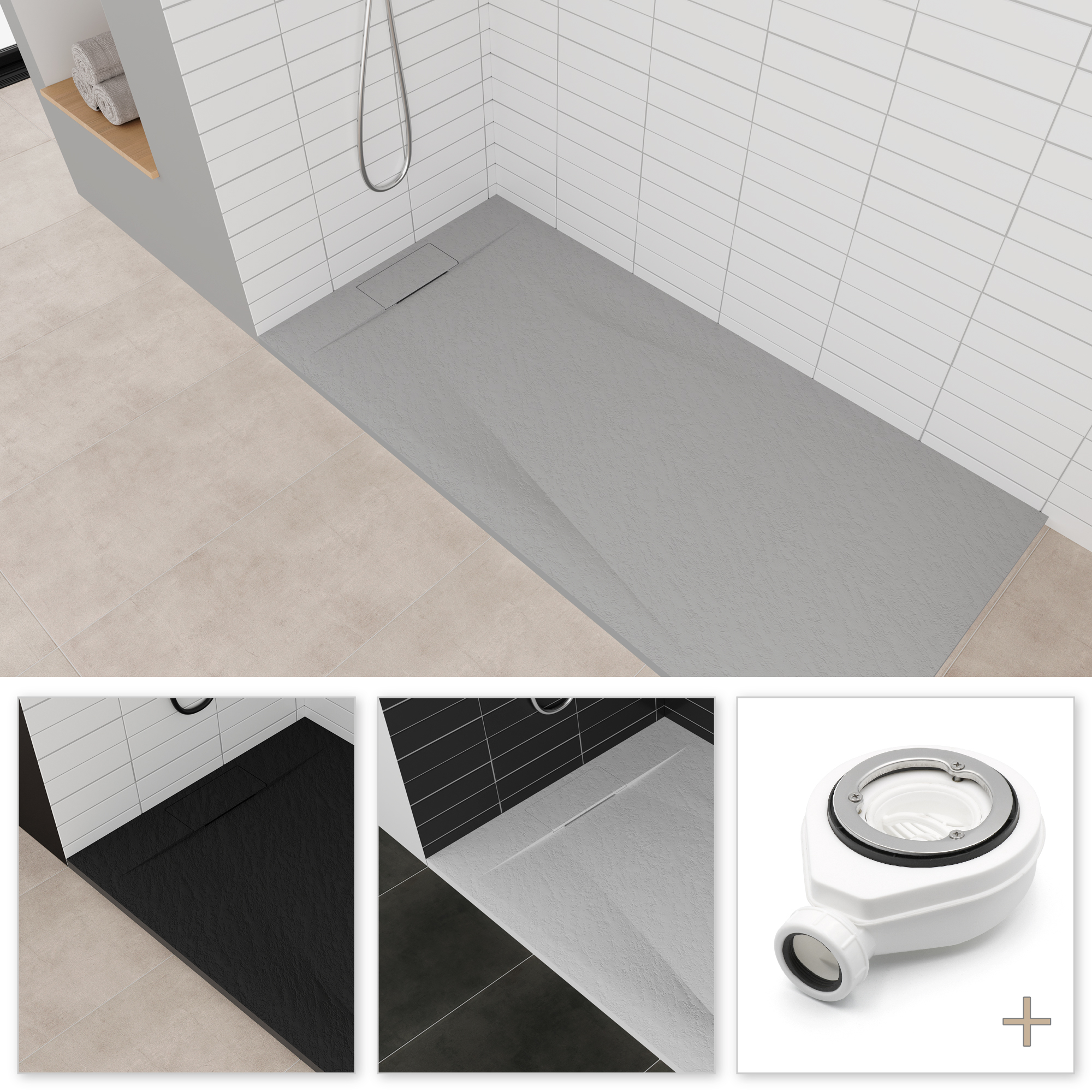 SMC Duschwanne Polar in Stein-Optik inkl. Ablaufgarnitur - Grau SMC Shower Tray Polar in Stone Look with Drain Assembly - Gray
