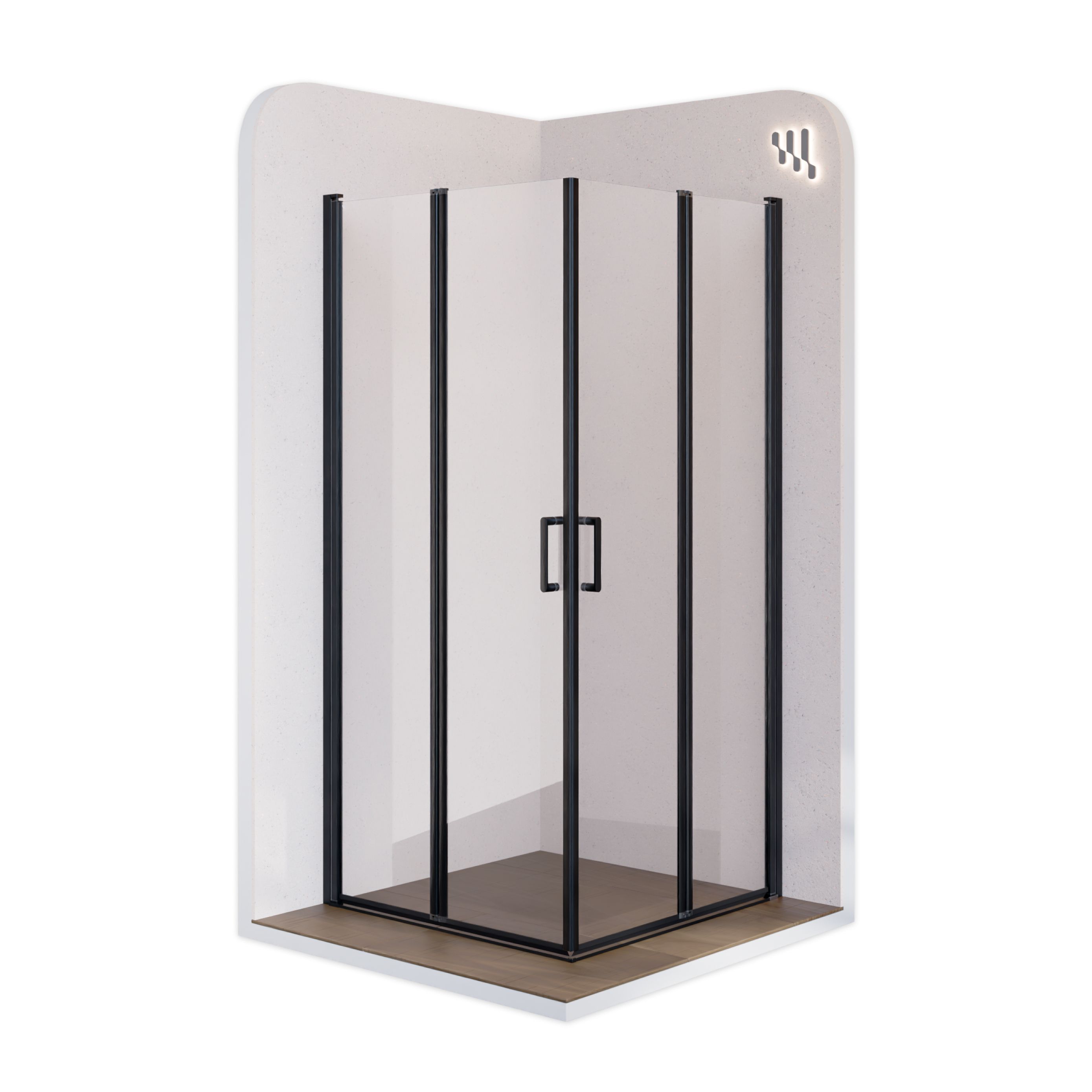 Corner entry Alina with folding doors and black profiles made of ESG safety glass. Alina – Corner entry with folding doors and black profiles made of ESG safety glass.