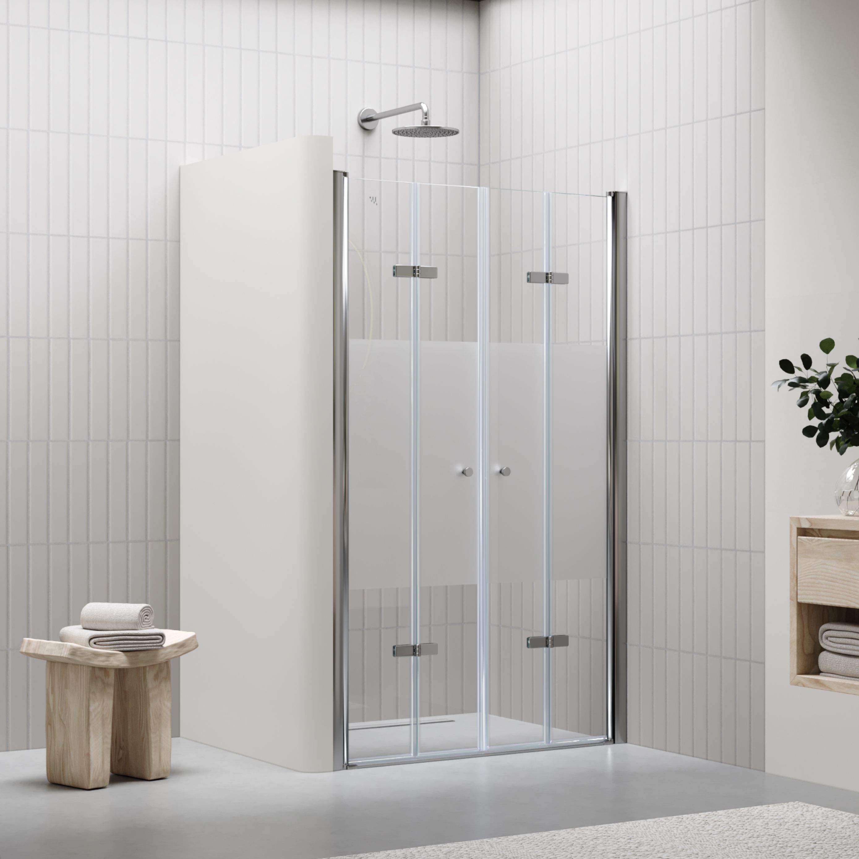 Shower Door Lena with Folding Panels made of Partially Frosted ESG Safety Glass Shower Door Lena with Folding Panels made of Partially Frosted ESG Safety Glass