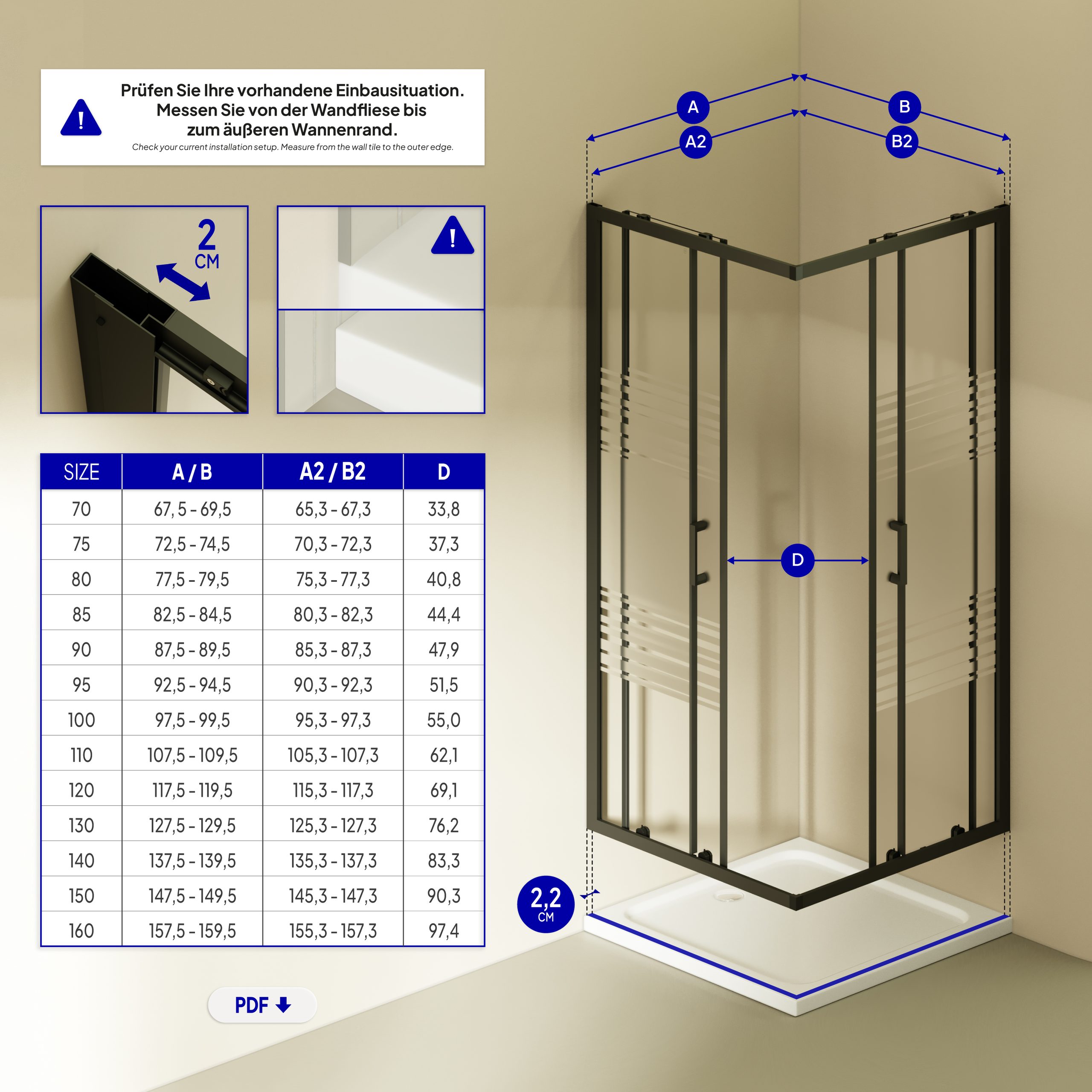 Corner entry Danielle with sliding doors made of partially frosted ESG safety glass.
