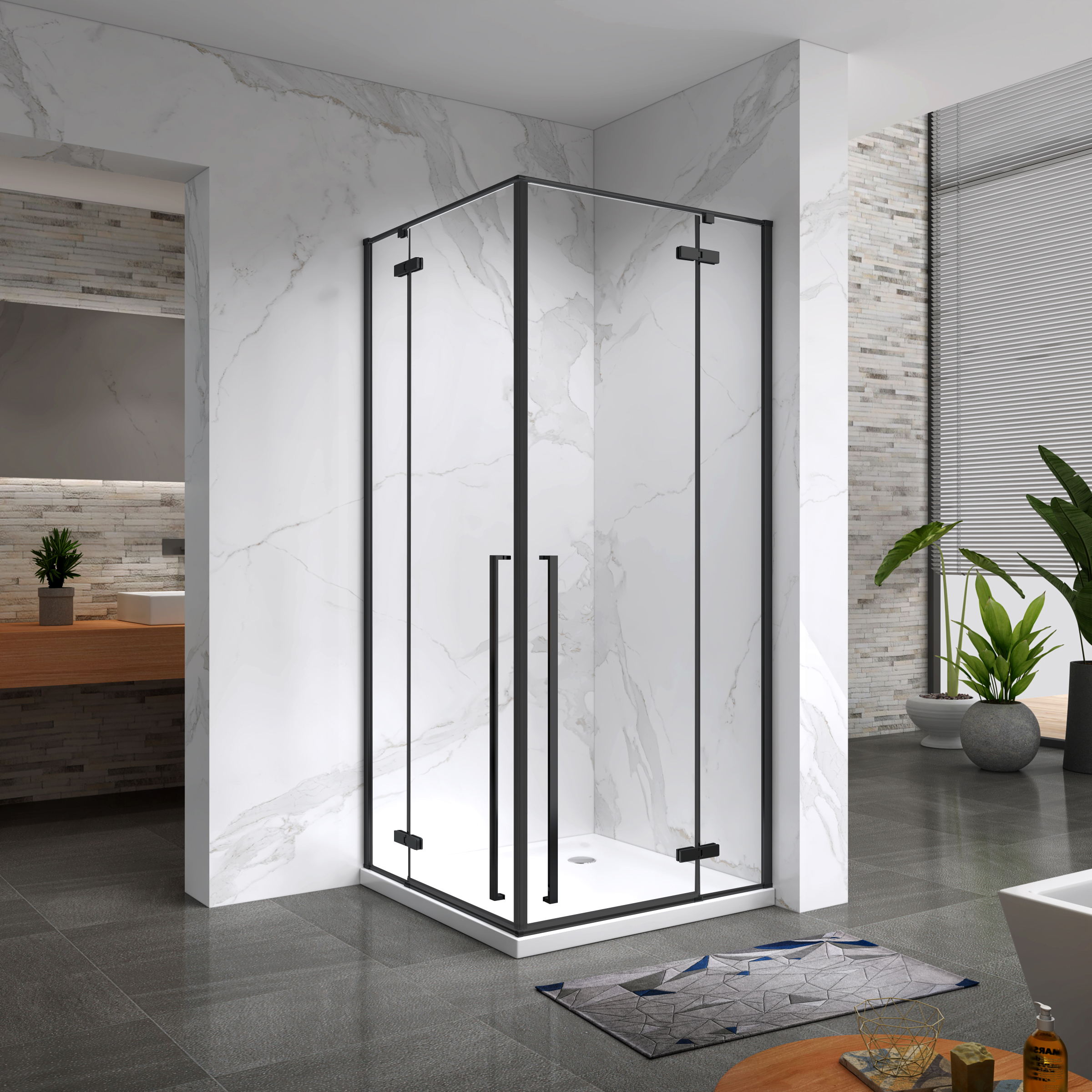 Eckeinstieg Jayla mit Drehtüren und schwarzen Profilen aus ESG Sicherheitsglas 190 cm-100x100 cm Eckeinstieg Jayla mit Drehtüren und schwarzen Profilen aus ESG Sicherheitsglas