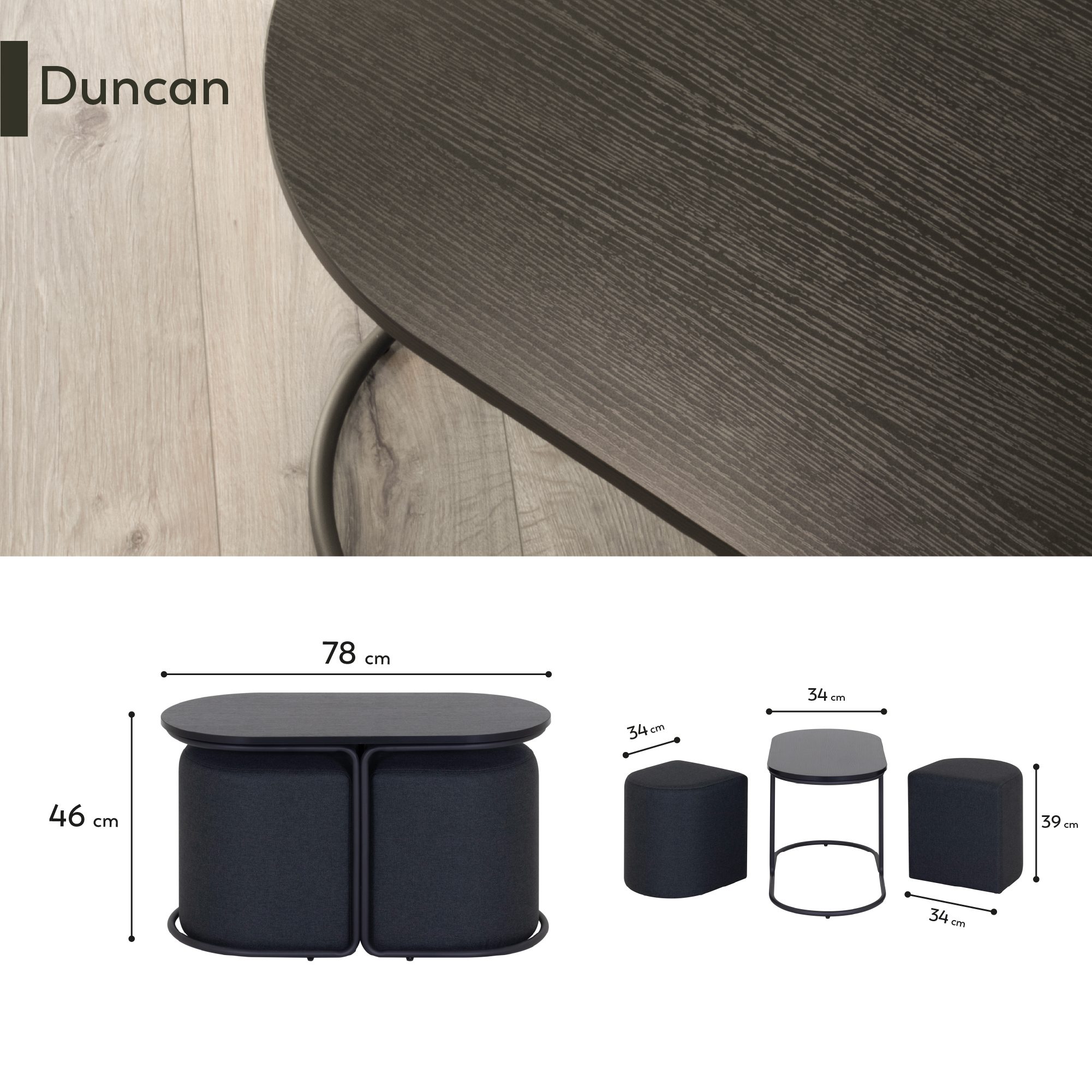 Couchtisch DUNCAN mit 2 Sitzmodulen | Tischplatte in schwarzer Holzoptik und Metallgestell