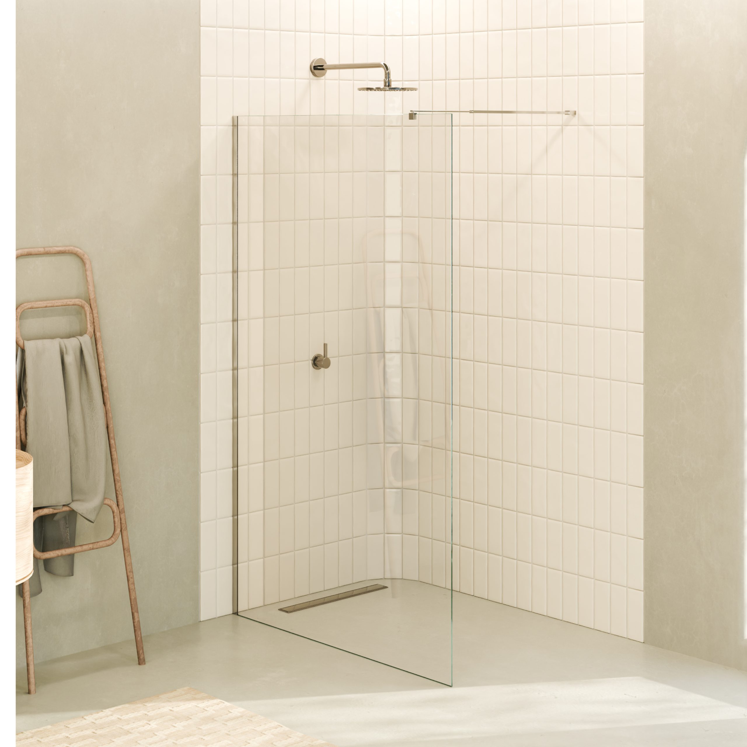 Walk-In Shower Fiona made of 10 mm thick ESG safety glass and stainless steel profile.